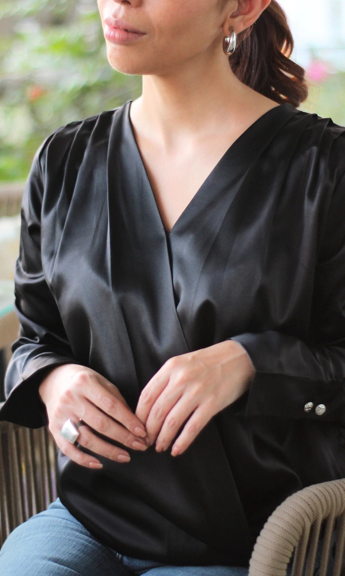 Deep Black V-Neck Pleated Top - Image 4