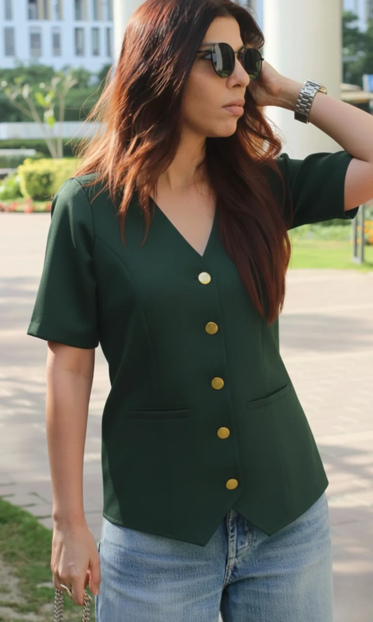 Deep Green Sleeved Metallic Buttoned Waist Coat - Image 3