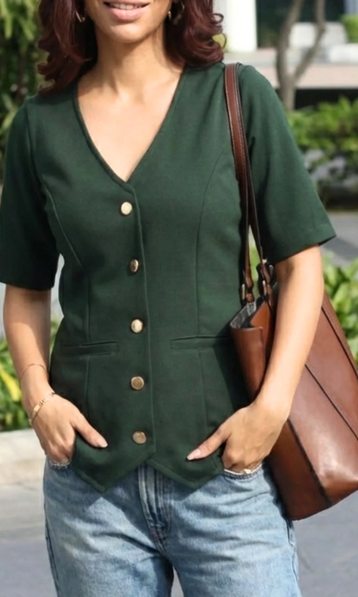 Deep Green Sleeved Metallic Buttoned Waist Coat - Image 4