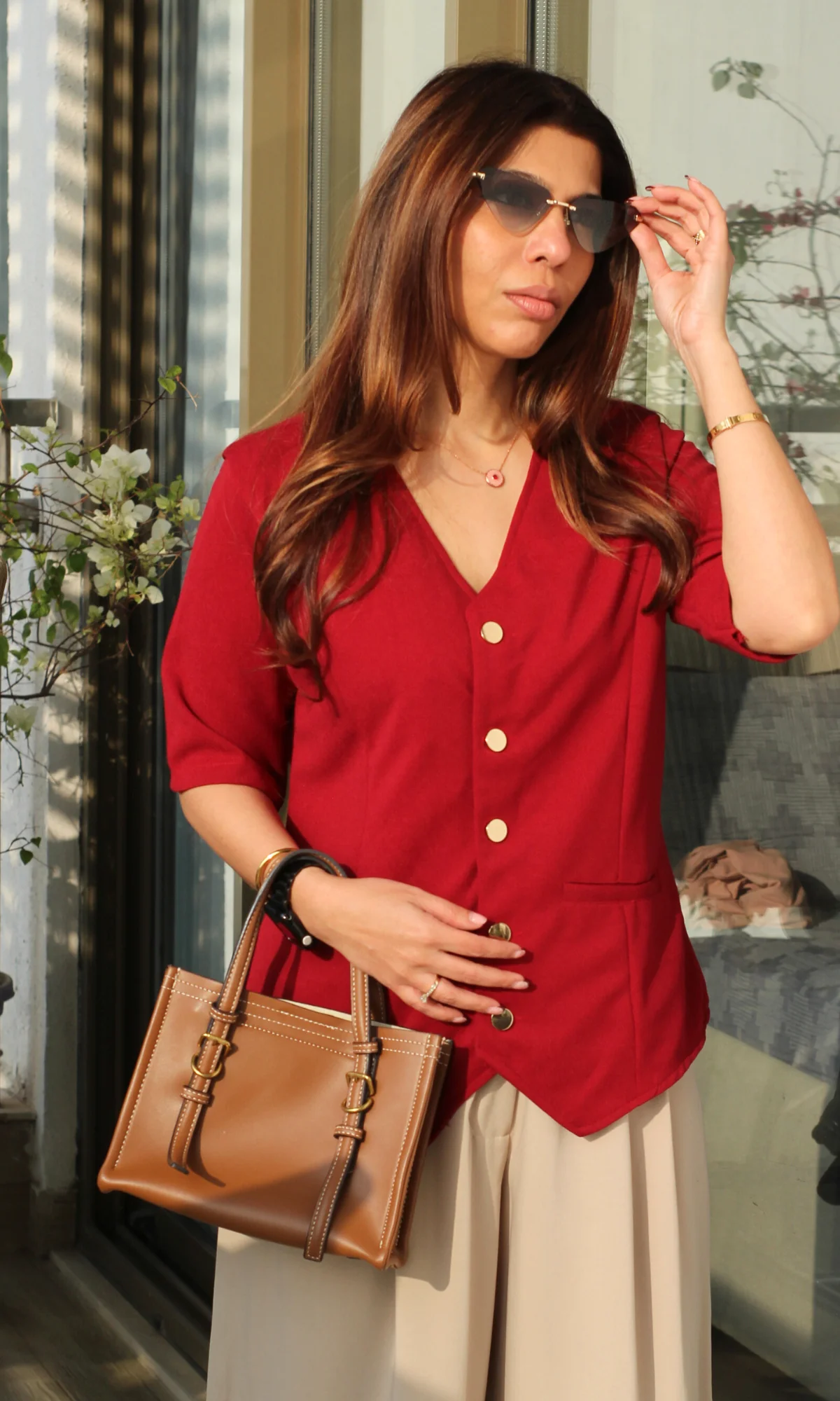 Deep Red Sleeved Metallic Buttoned Waist Coat - Image 4