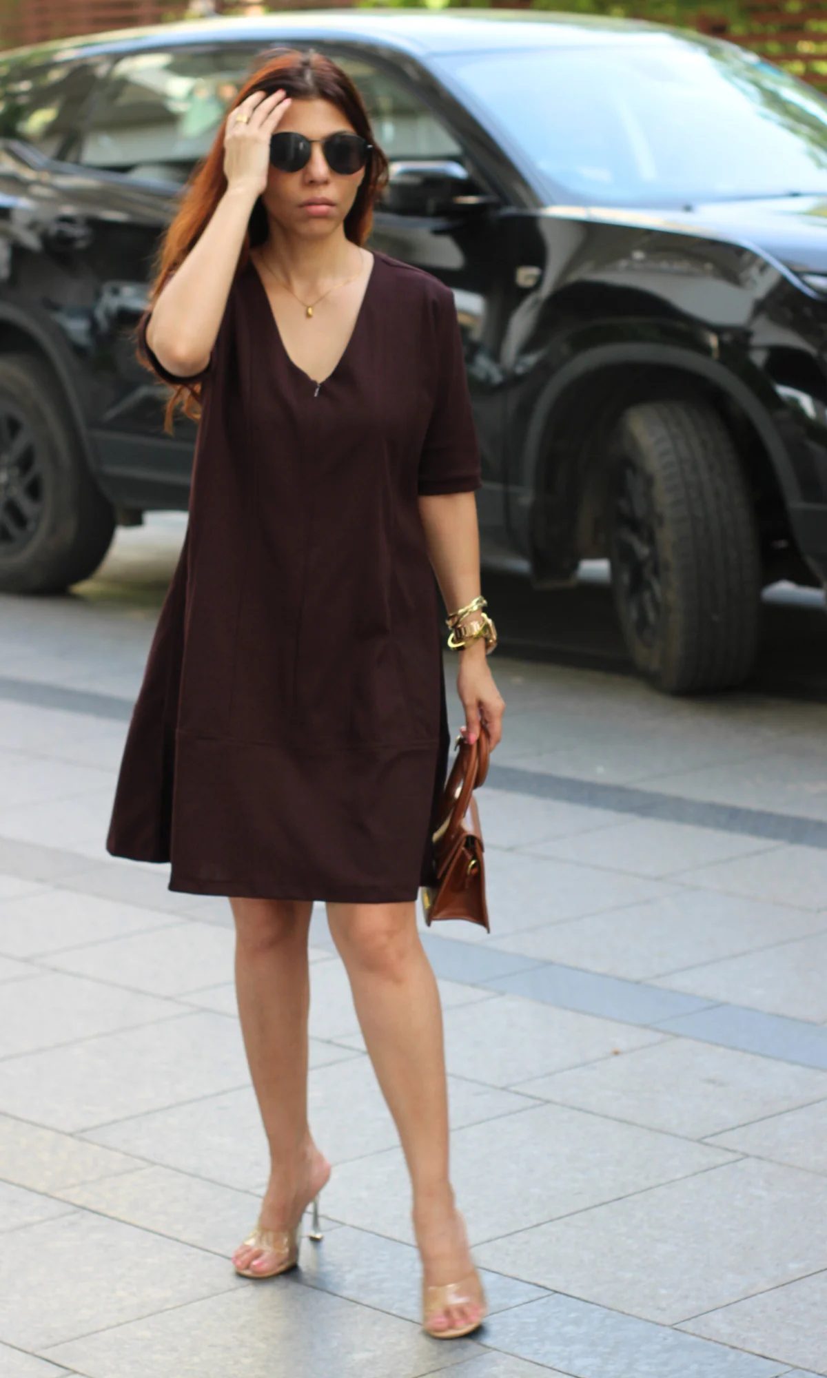 Deep Roast Zip Detail Flared Dress - Image 3