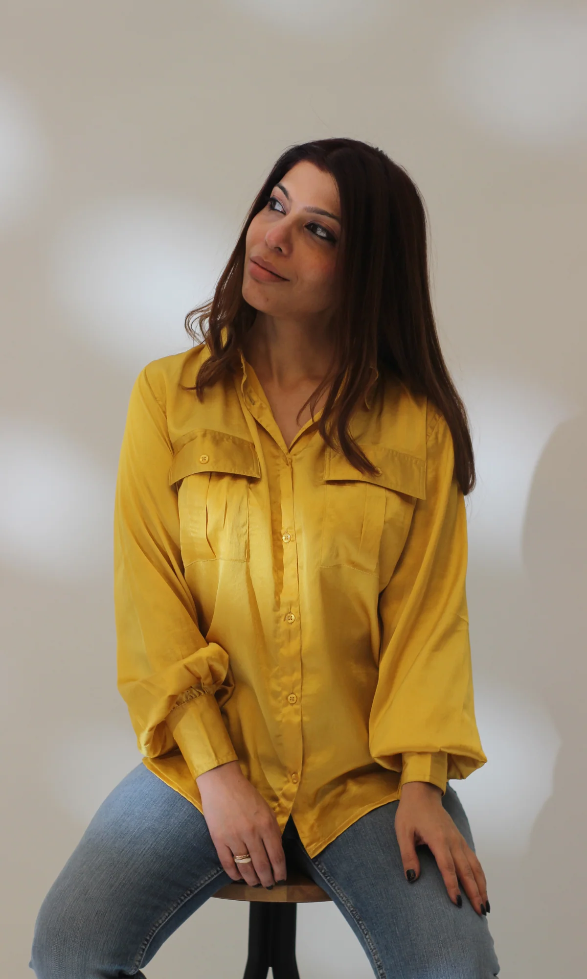 Deep Yellow Balloon Sleeved Satin Shirt - Image 5