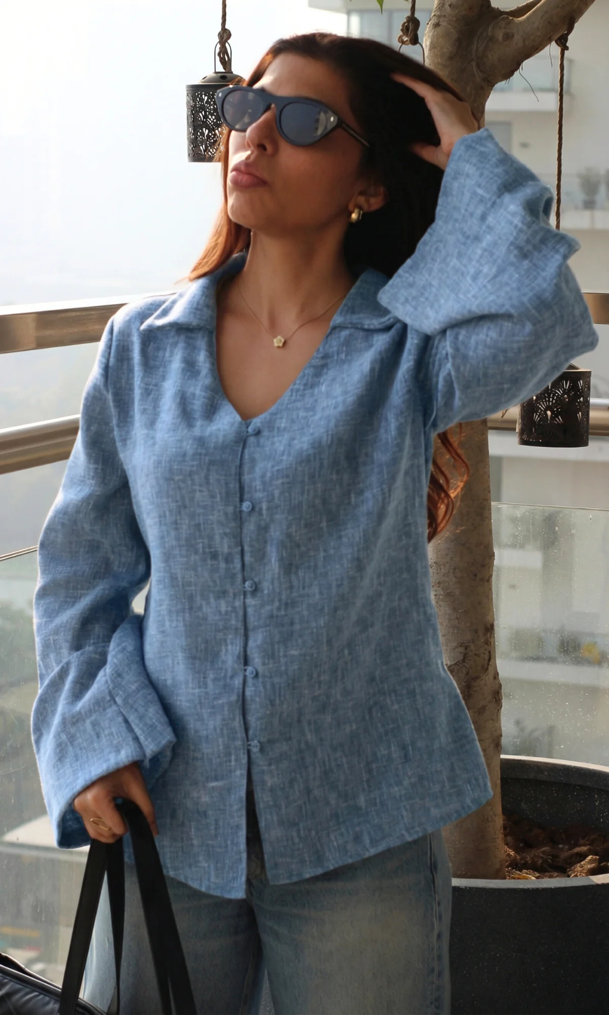 Denim Blue Textured Flared Sleeve Shirt - Image 2