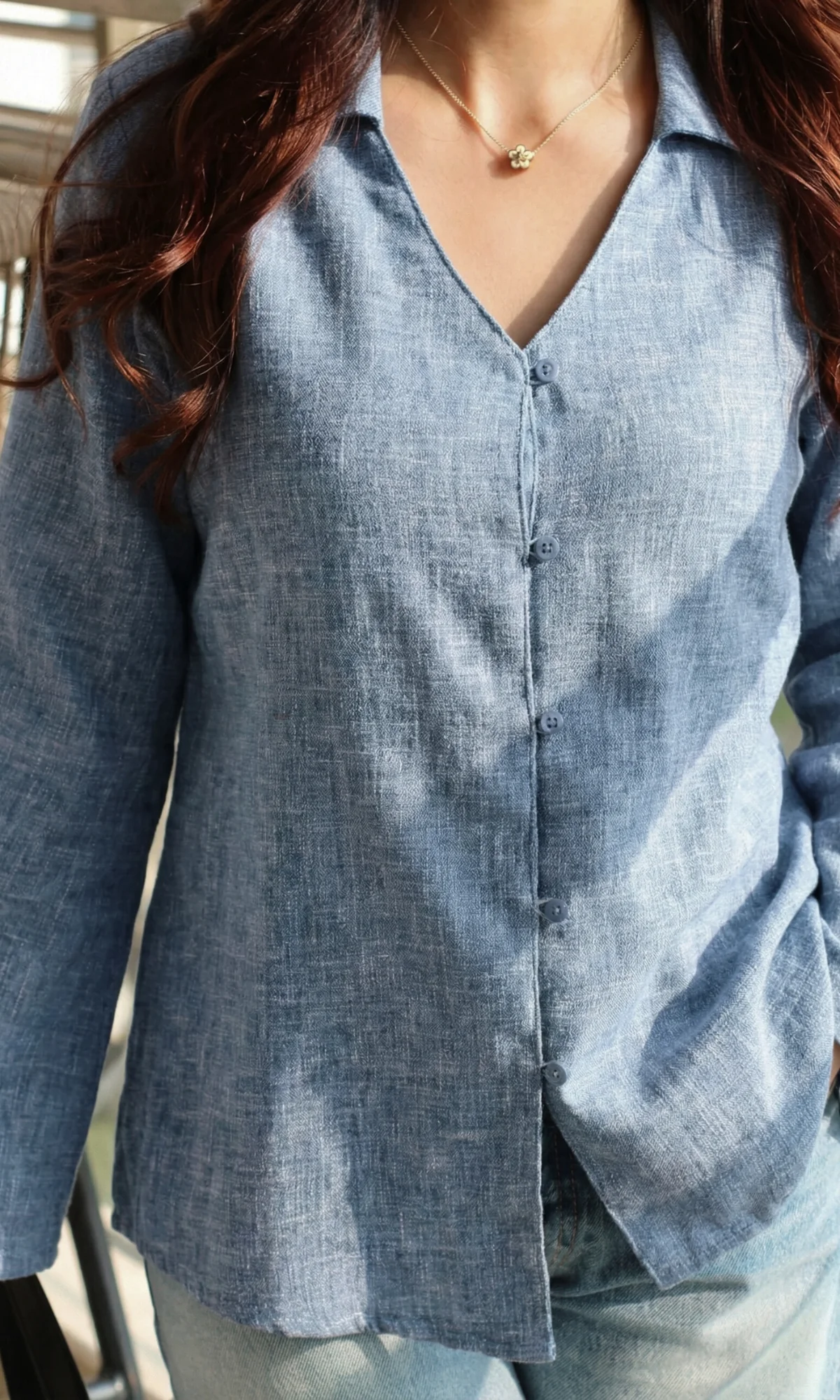Denim Blue Textured Flared Sleeve Shirt - Image 3