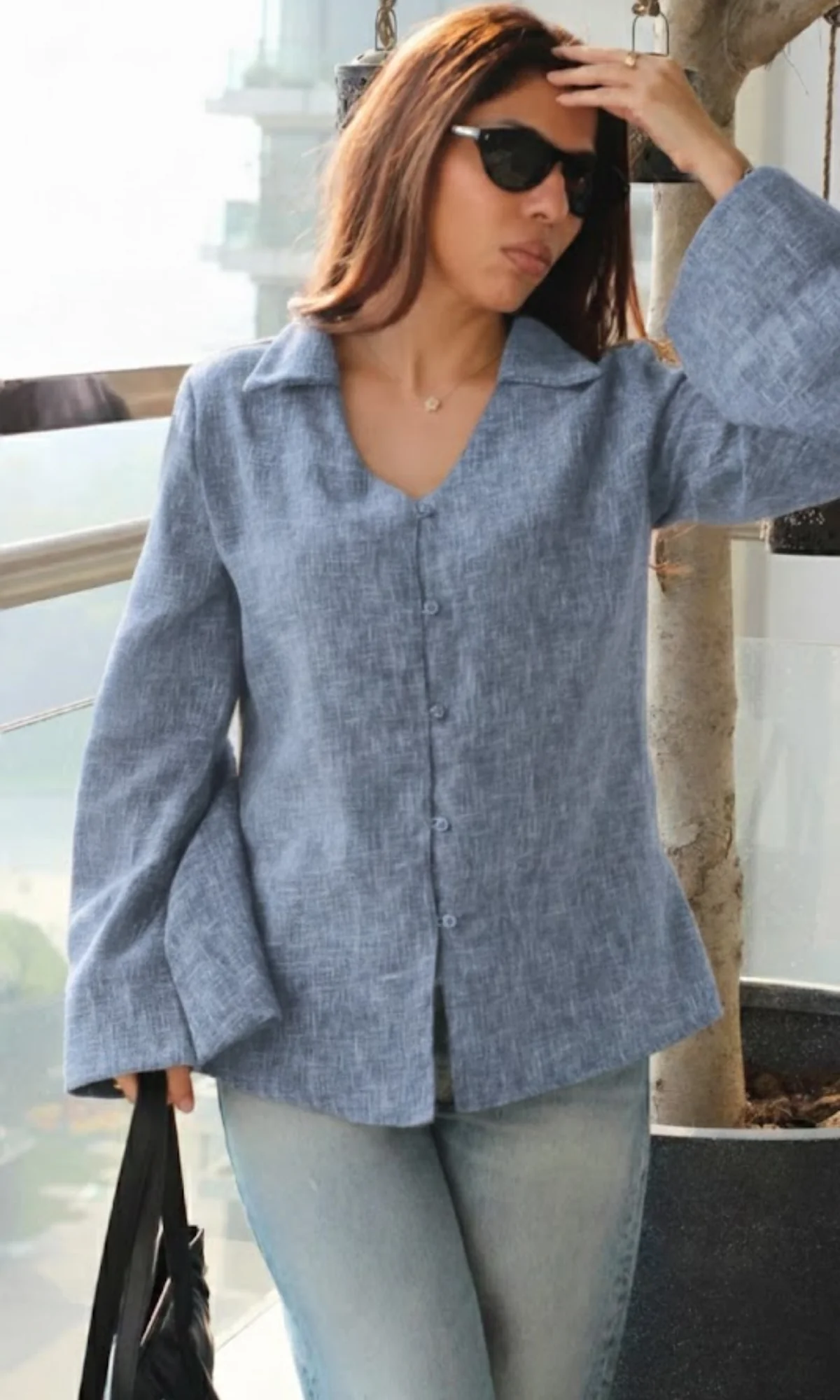Denim Blue Textured Flared Sleeve Shirt - Image 4
