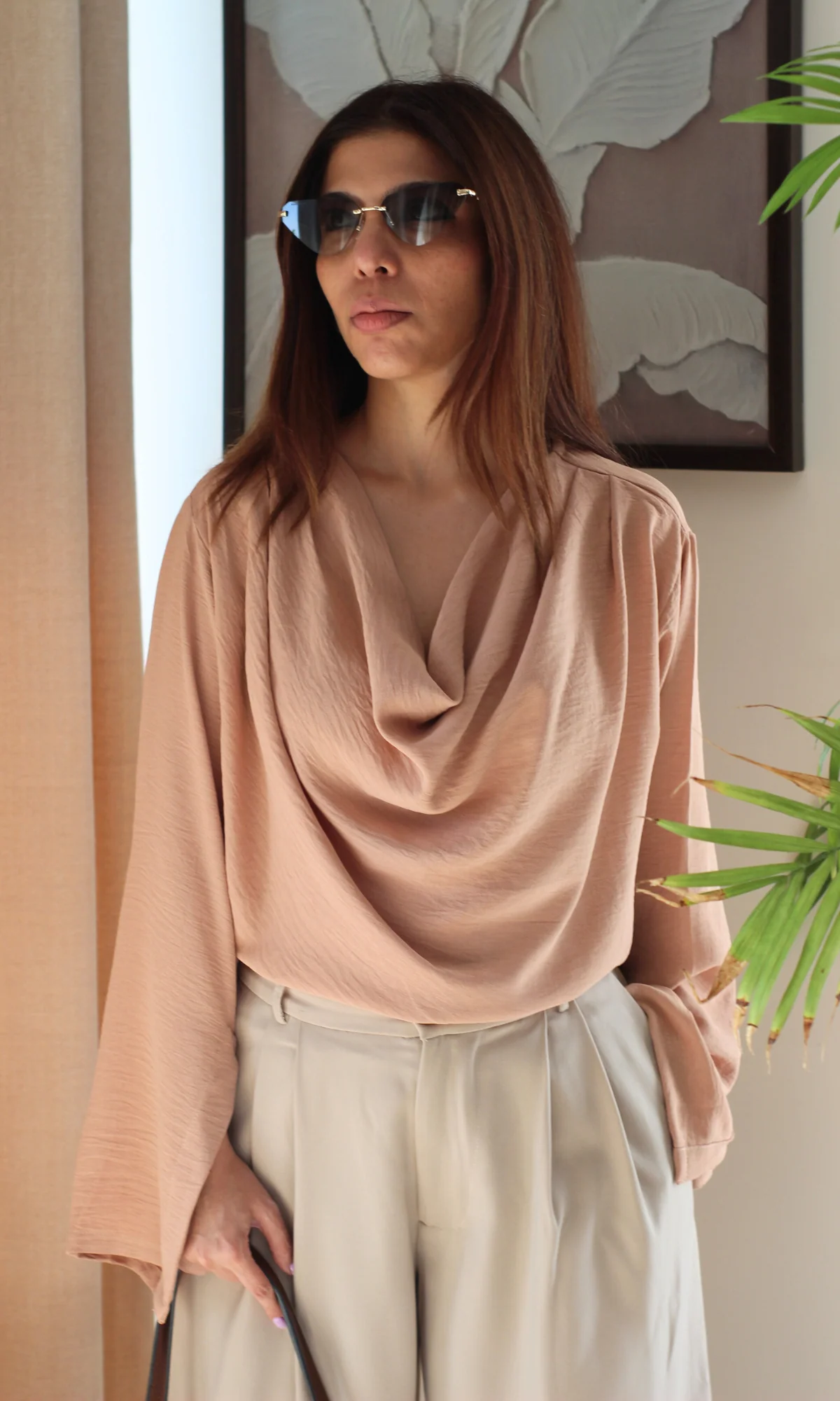 Dusk Rose Slit Sleeves Cowl Neck Top - Image 2