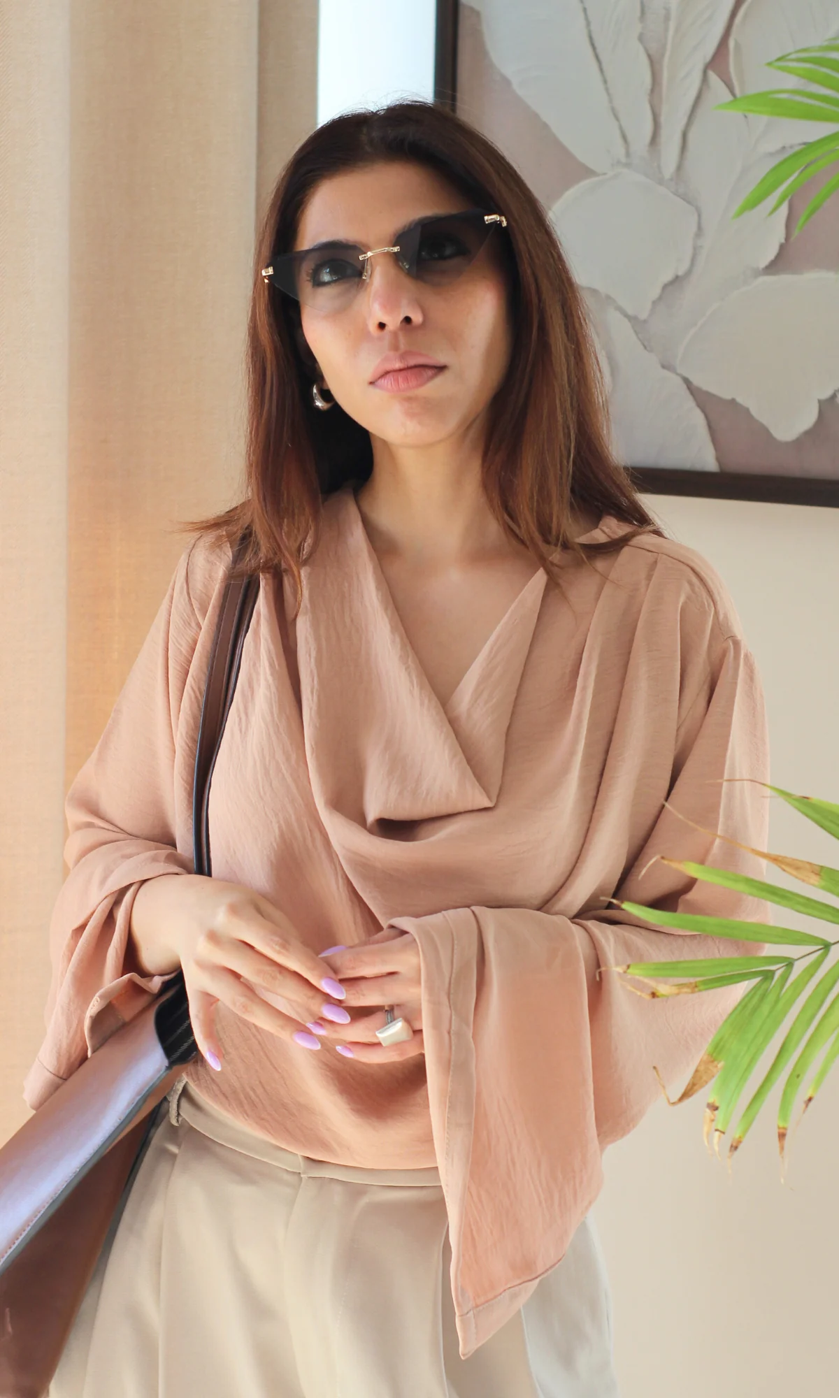 Dusk Rose Slit Sleeves Cowl Neck Top - Image 3