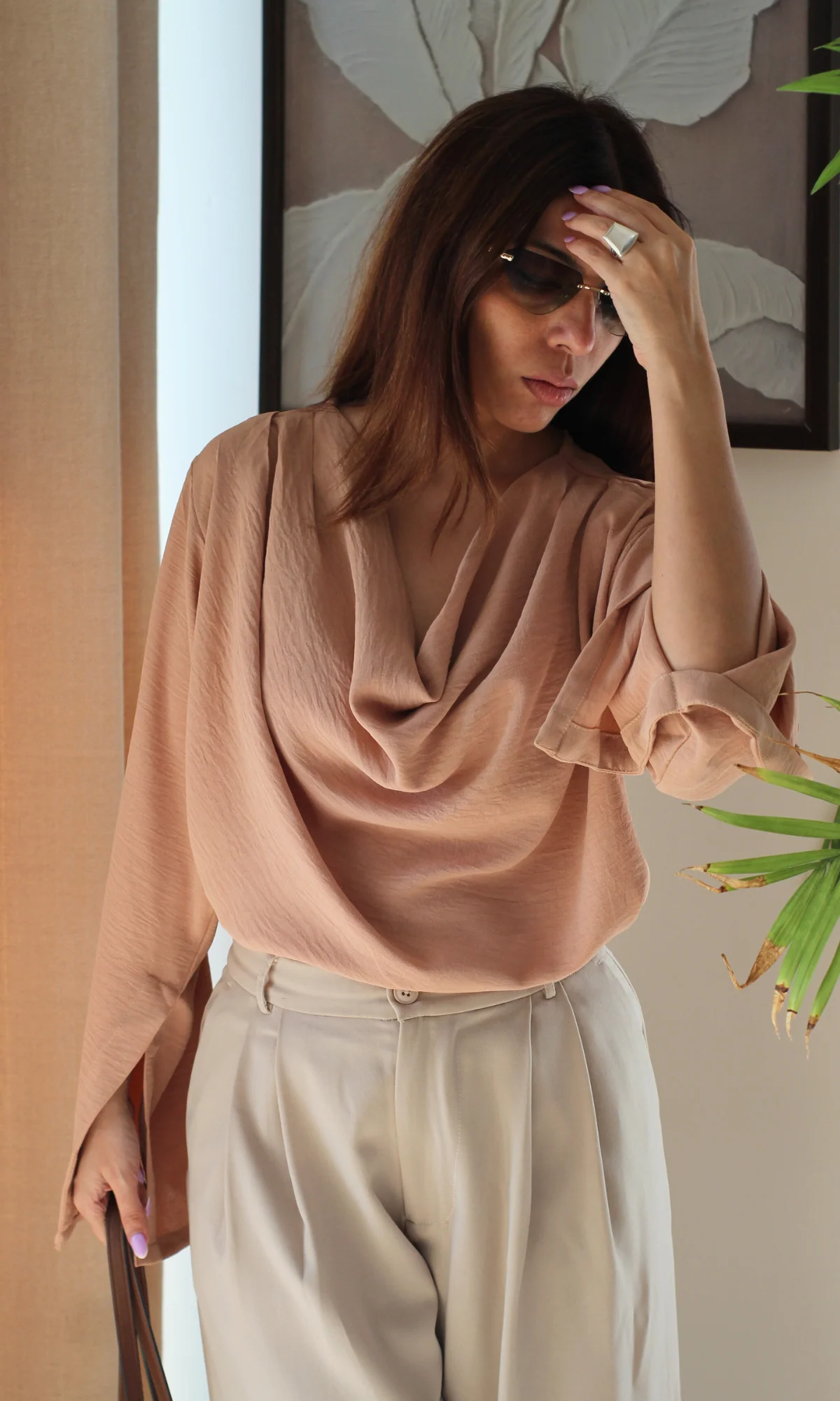 Dusk Rose Slit Sleeves Cowl Neck Top - Image 4