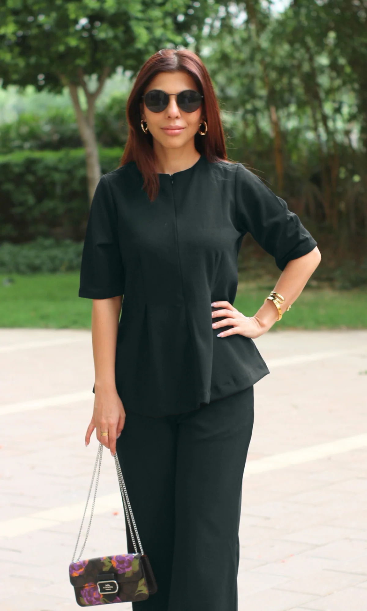Ebony Sleeved Sleek-Pleat Detail and Flared Pants Co-ord - Image 2