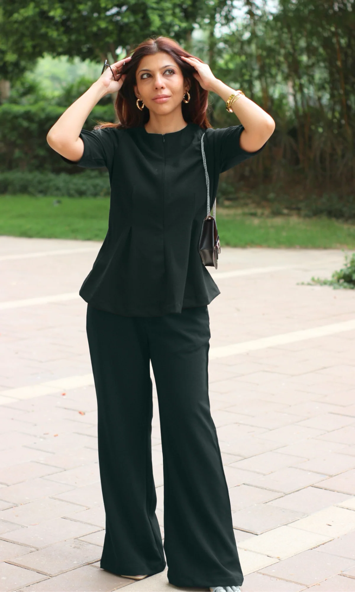 Ebony Sleeved Sleek-Pleat Detail and Flared Pants Co-ord - Image 5