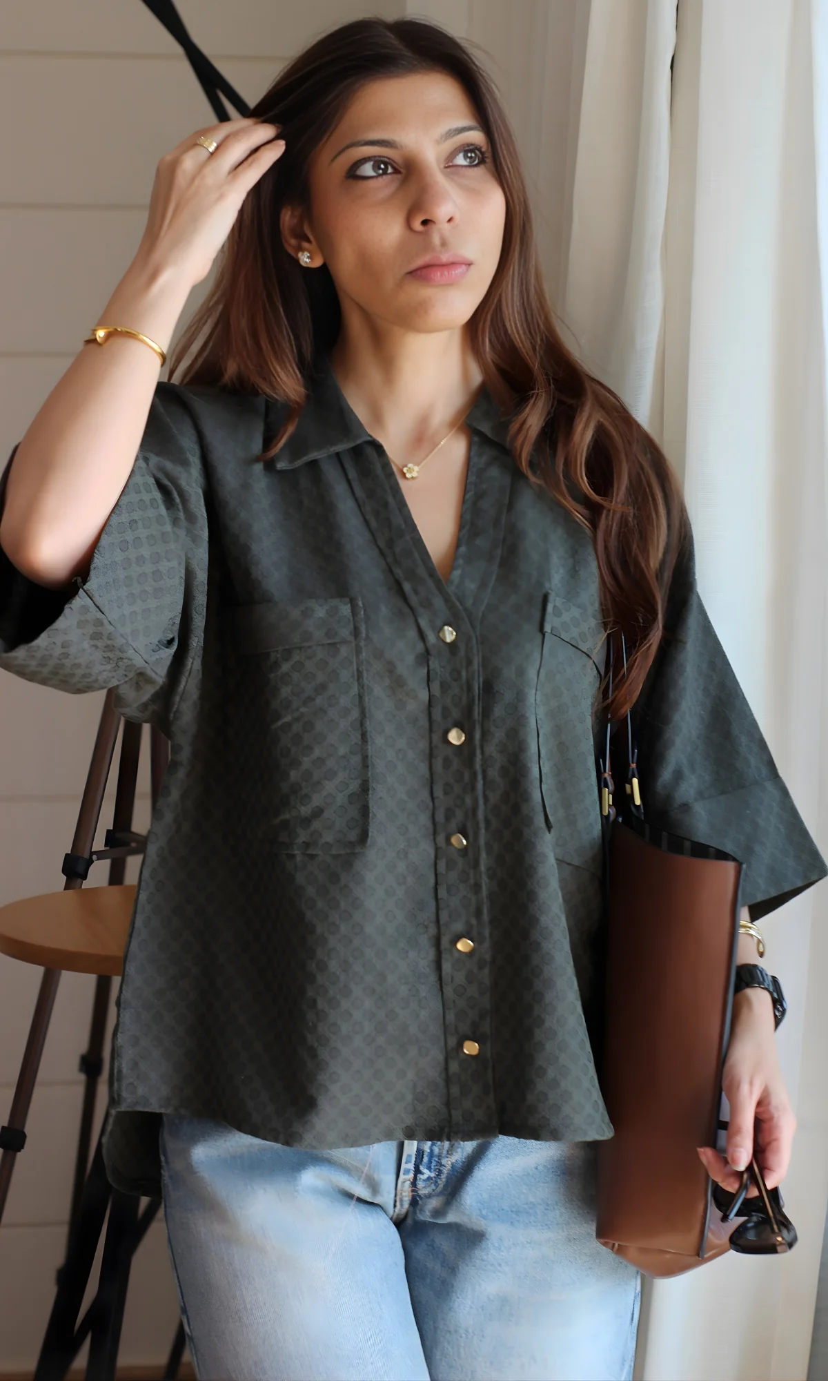 Forest Muse Metallic Buttoned Loose Shirt - Image 5