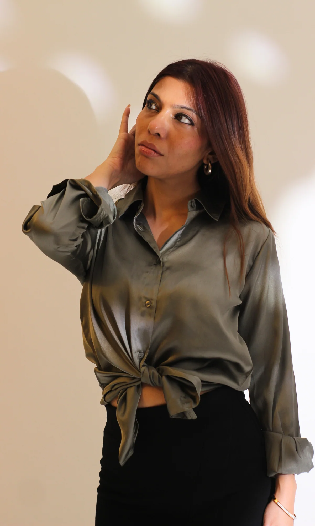 Greenish Gray Sleeved Satin Shirt - Image 3
