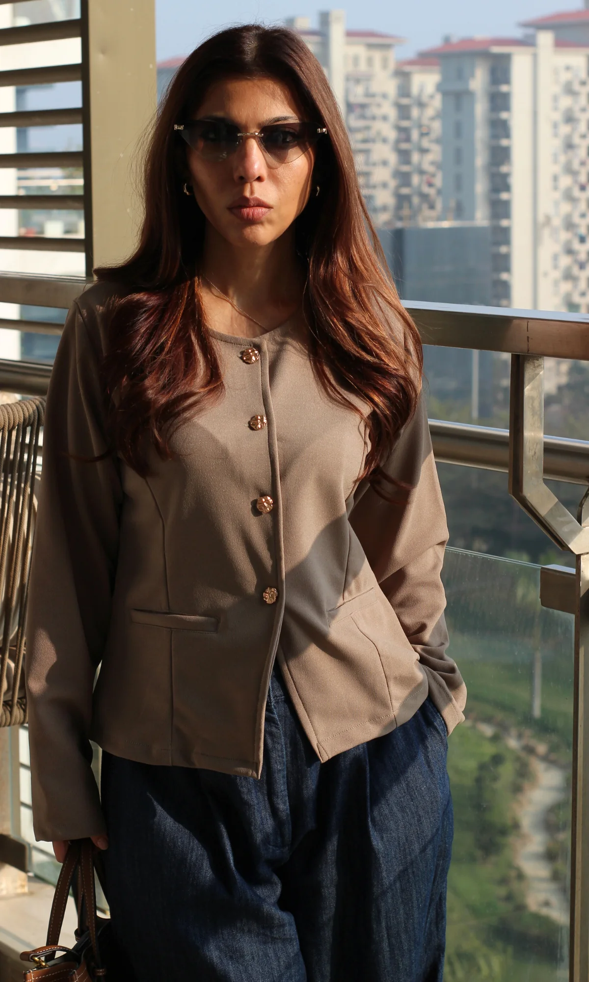 Greige Sleeved Metallic Buttoned Waist Coat - Image 3