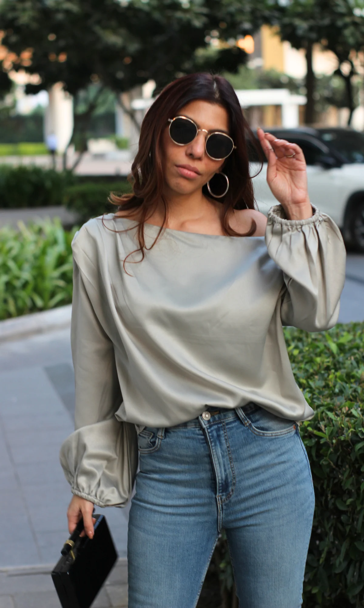 Fossil Grey Balloon Sleeved One Shoulder Top - Image 3
