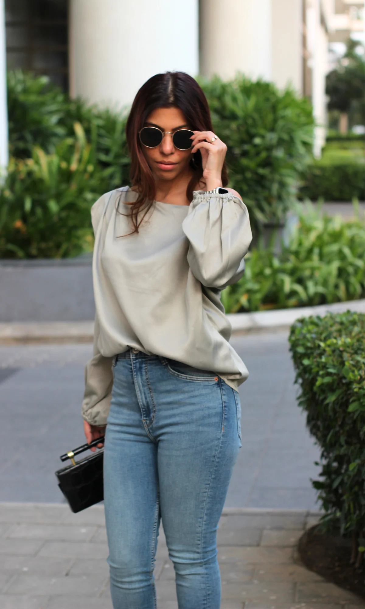 Fossil Grey Balloon Sleeved One Shoulder Top - Image 4