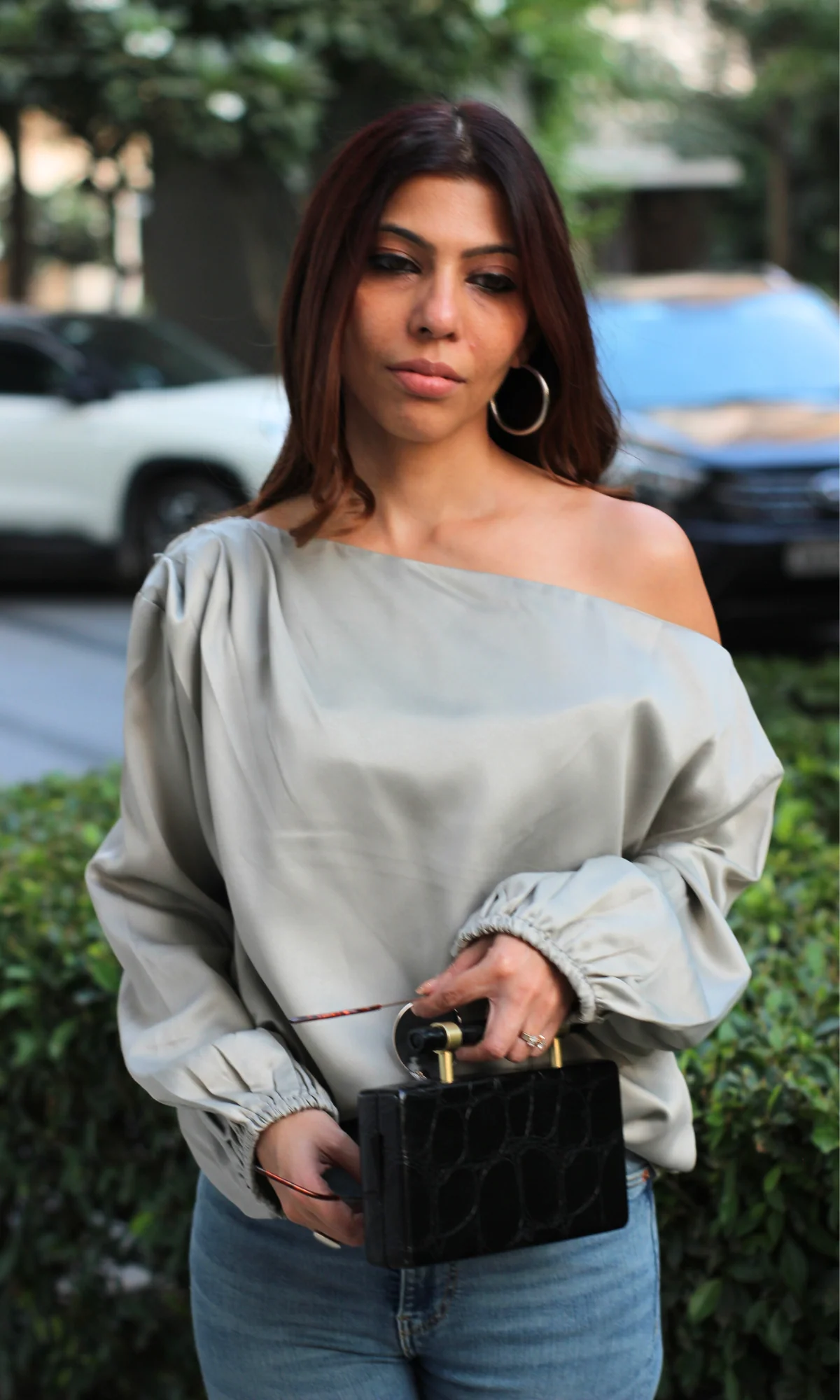 Fossil Grey Balloon Sleeved One Shoulder Top - Image 5