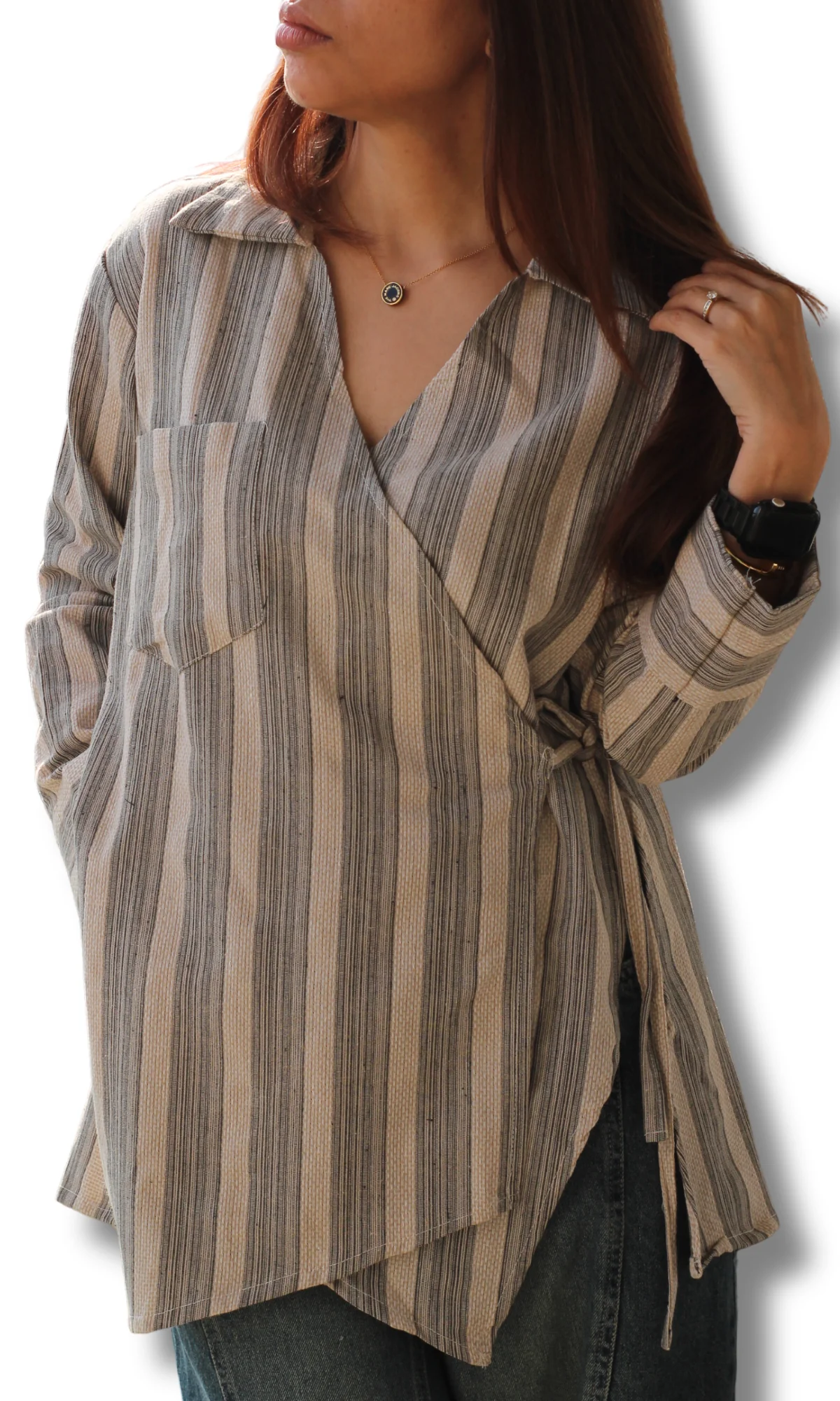 Greige Linear Cuts Detail Kimono Top - Image 3