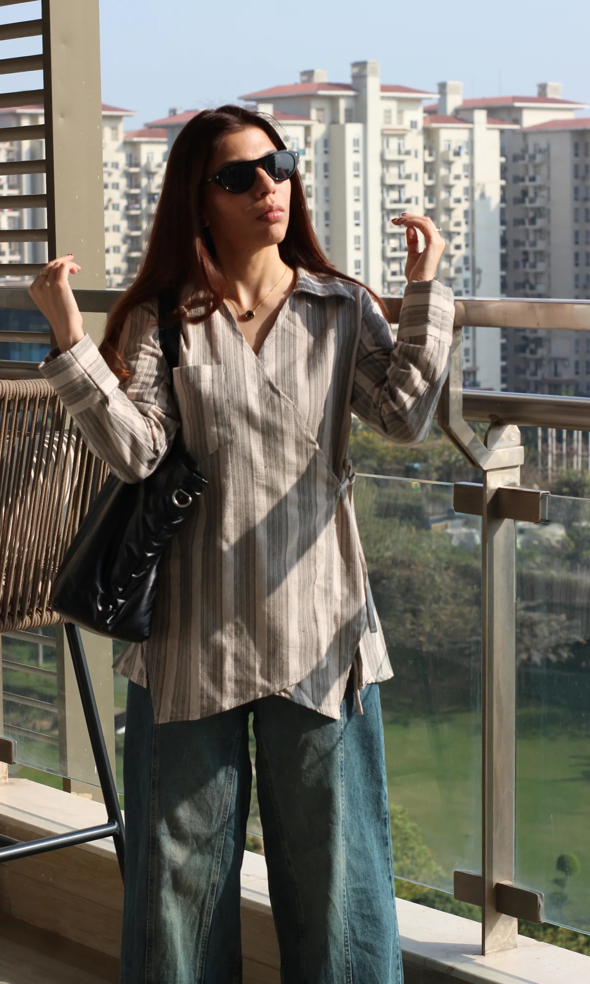 Greige Linear Cuts Detail Kimono Top - Image 4
