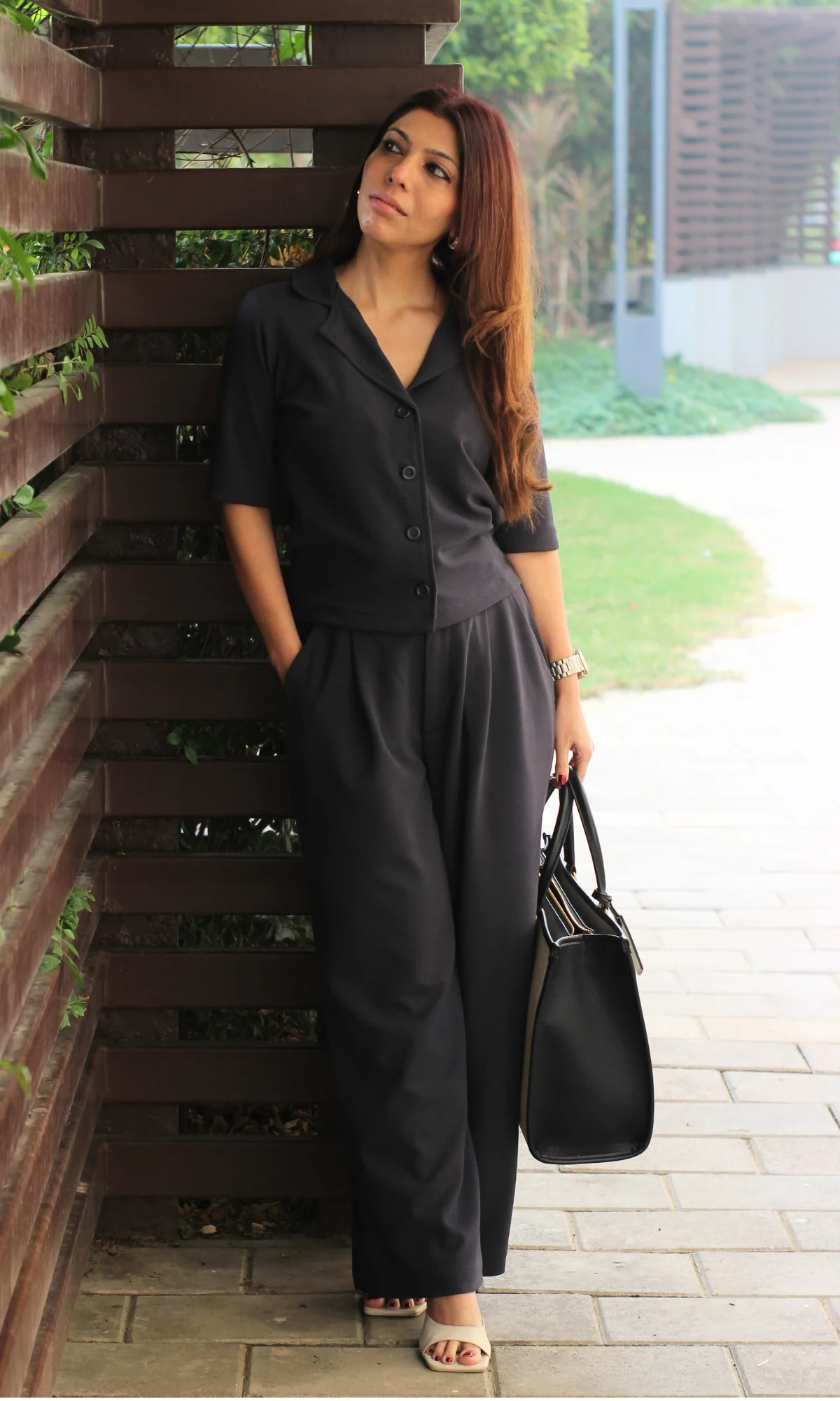 Greyish Blue Collared Top with Korean Pants Co-ord - Image 2