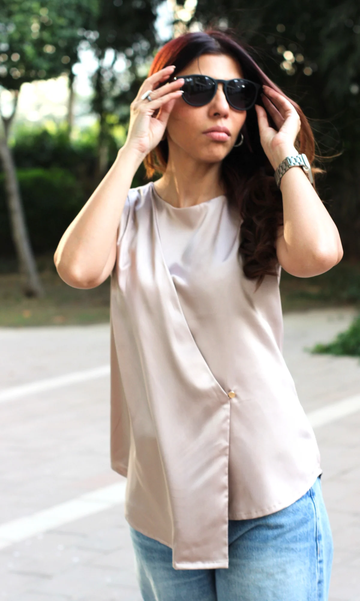 Greyish Mauve Asymmetric Button Detail Top - Image 3