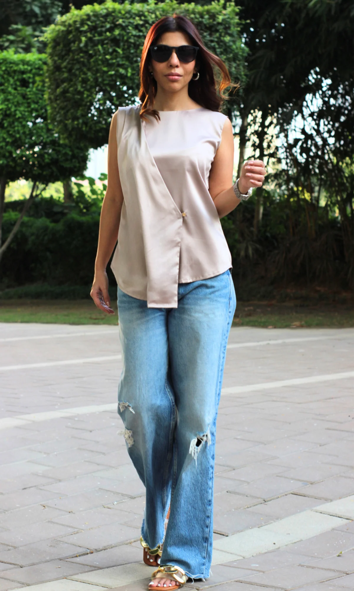 Greyish Mauve Asymmetric Button Detail Top - Image 4