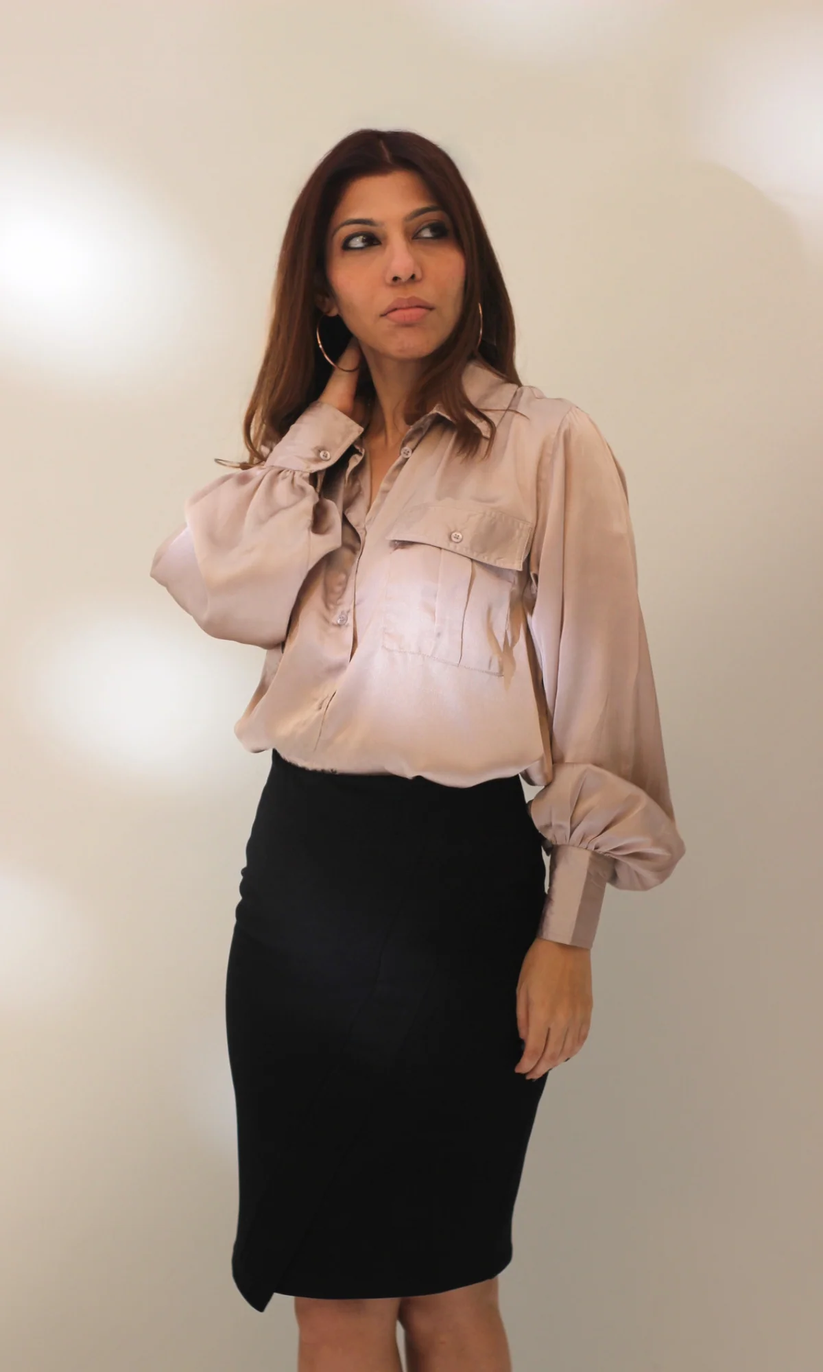 Greyish Mauve Balloon Sleeved Satin Shirt - Image 7
