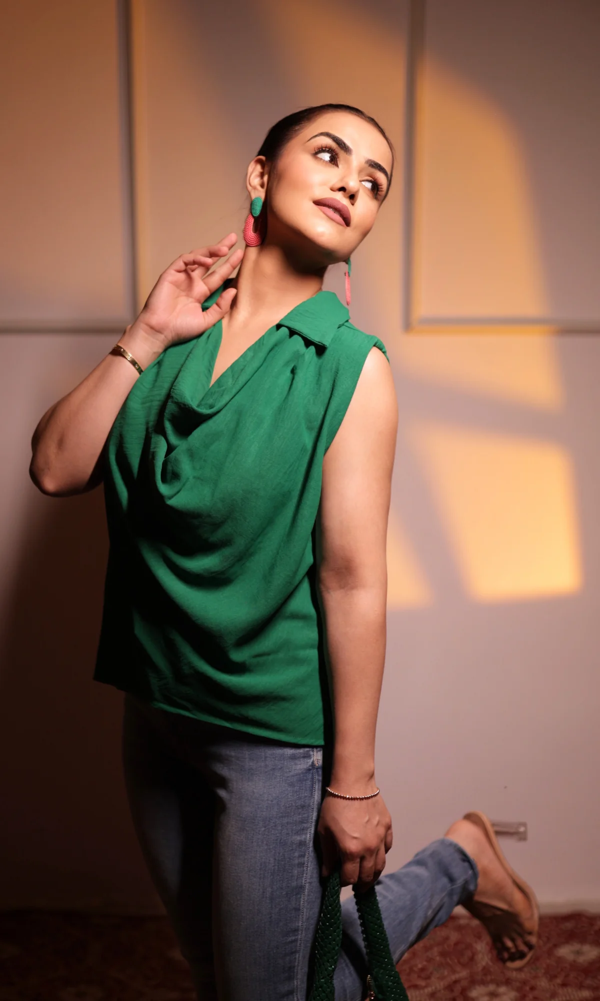 Hot Green Collared Cowl Neck Top - Image 6