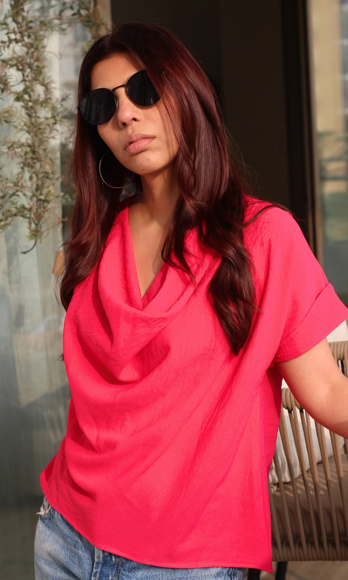 Hot Pink Flowing Cowl Neck Top - Image 3