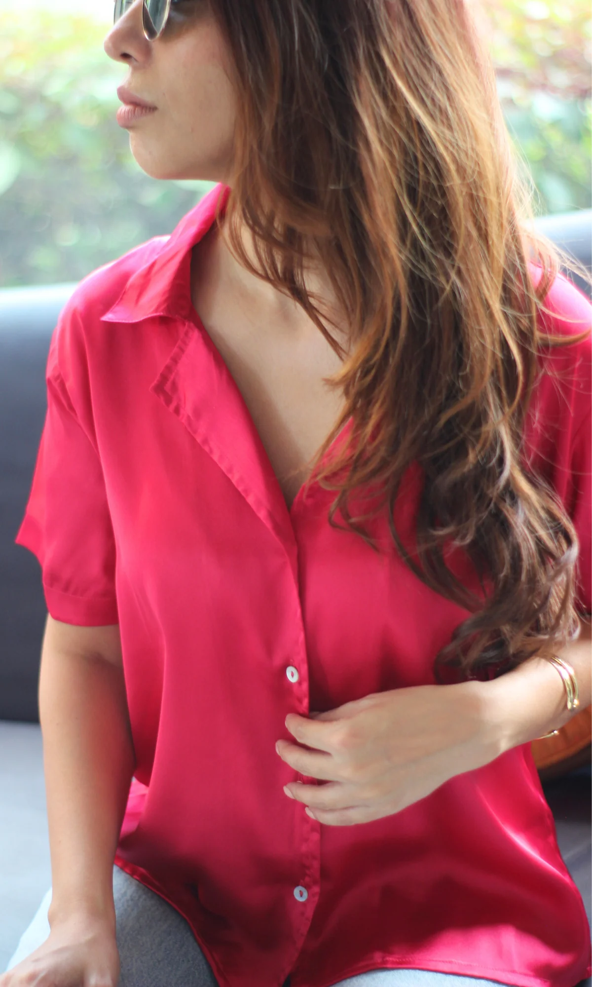 Hot Pink Half Sleeves Satin Shirt - Image 4