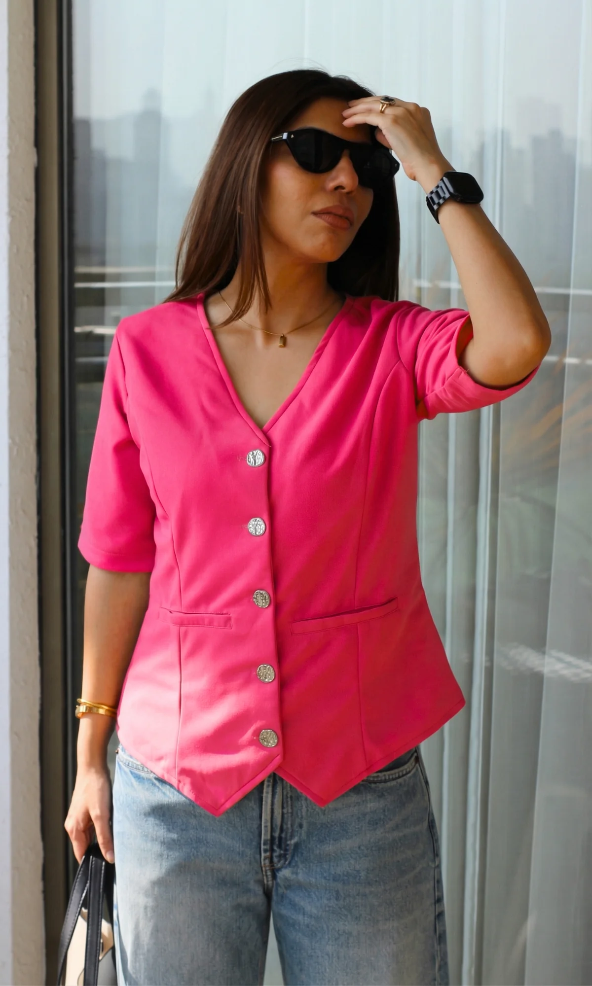 Hot Pink Sleeved Metallic Buttoned Waist Coat - Image 3