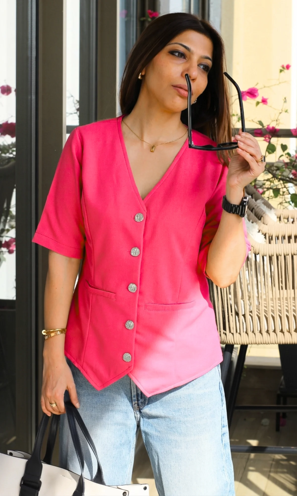 Hot Pink Sleeved Metallic Buttoned Waist Coat - Image 5