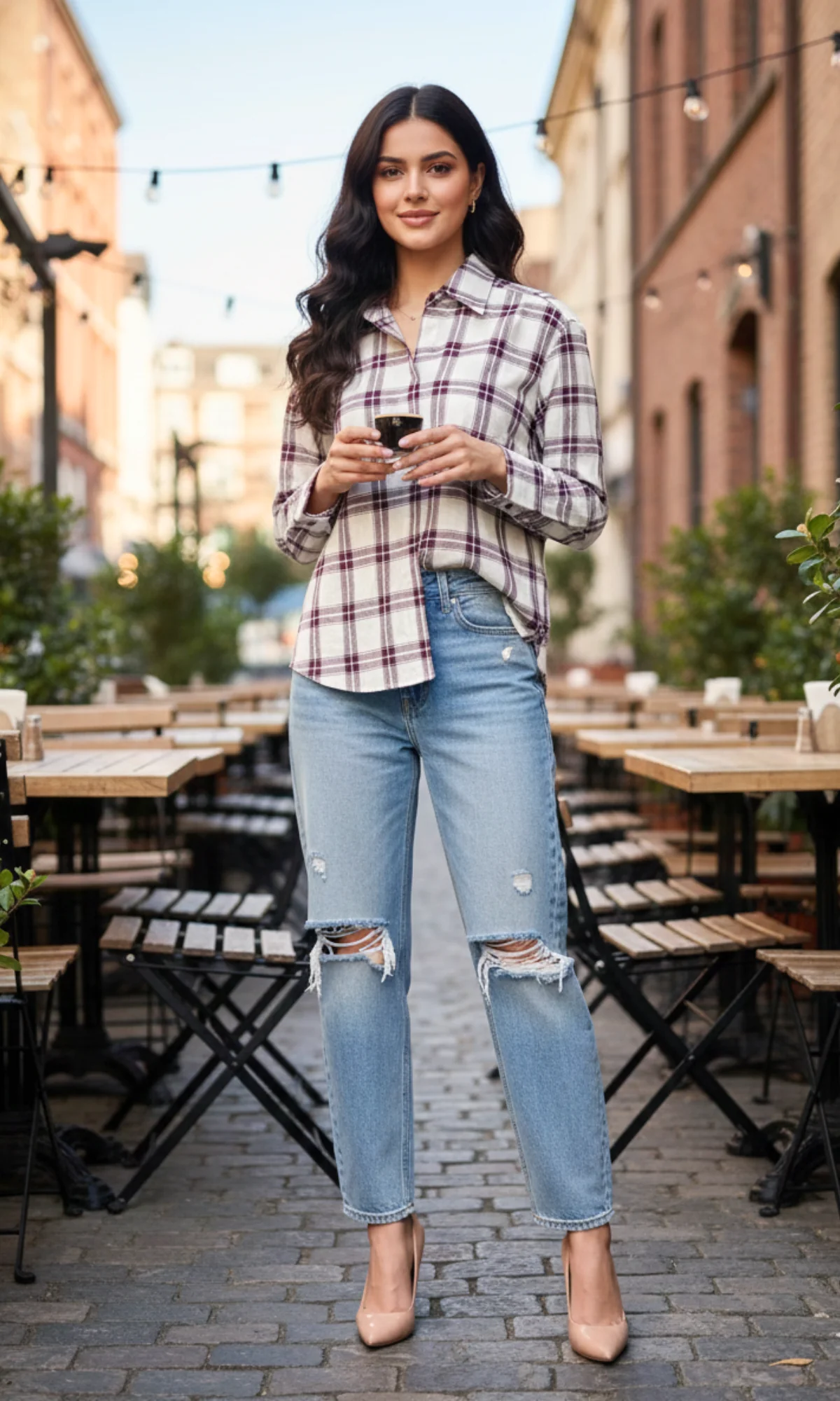 Ivory Plum Grid Checked Shirt