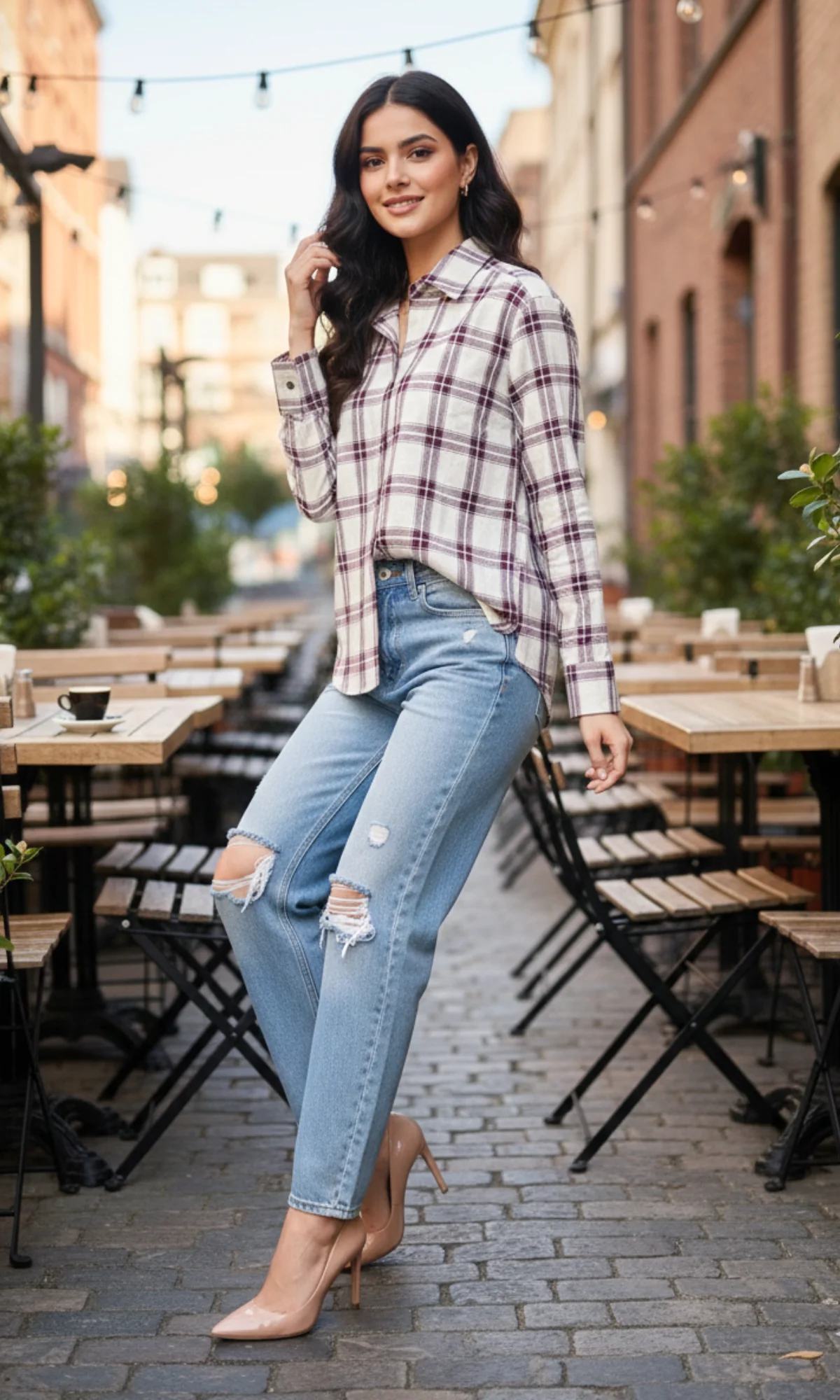 Ivory Plum Grid Checked Shirt - Image 3