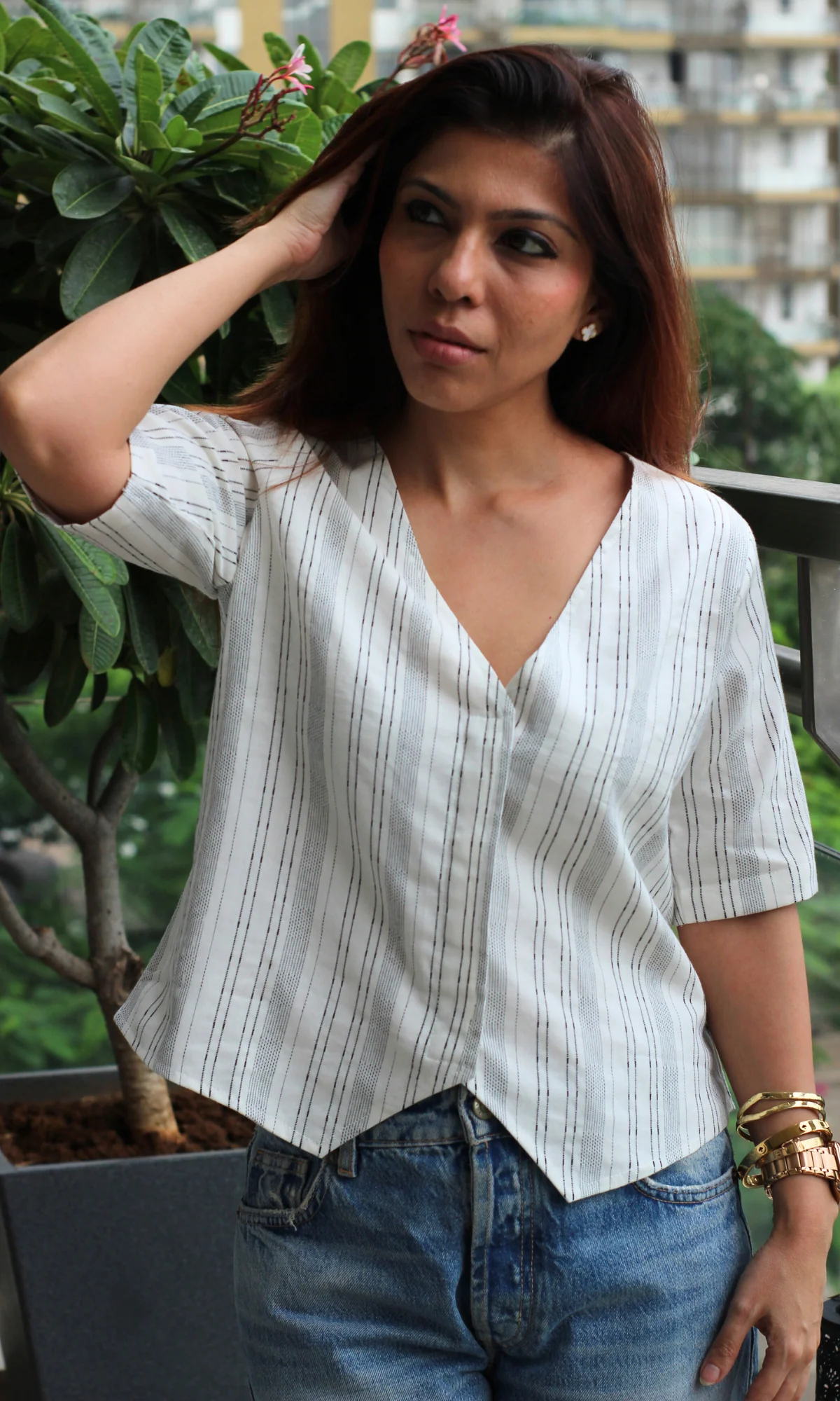 Ivory Striped Sleeved Waist Coat - Image 3