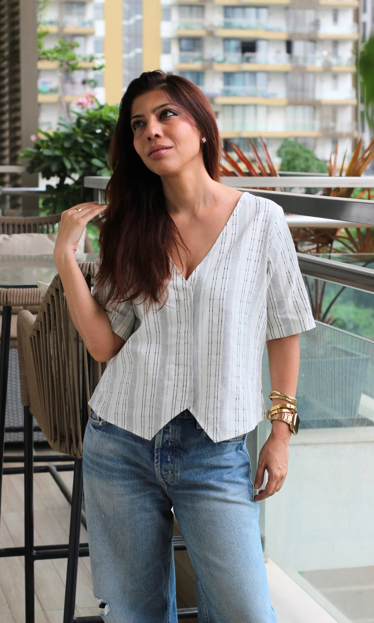 Ivory Striped Sleeved Waist Coat - Image 4