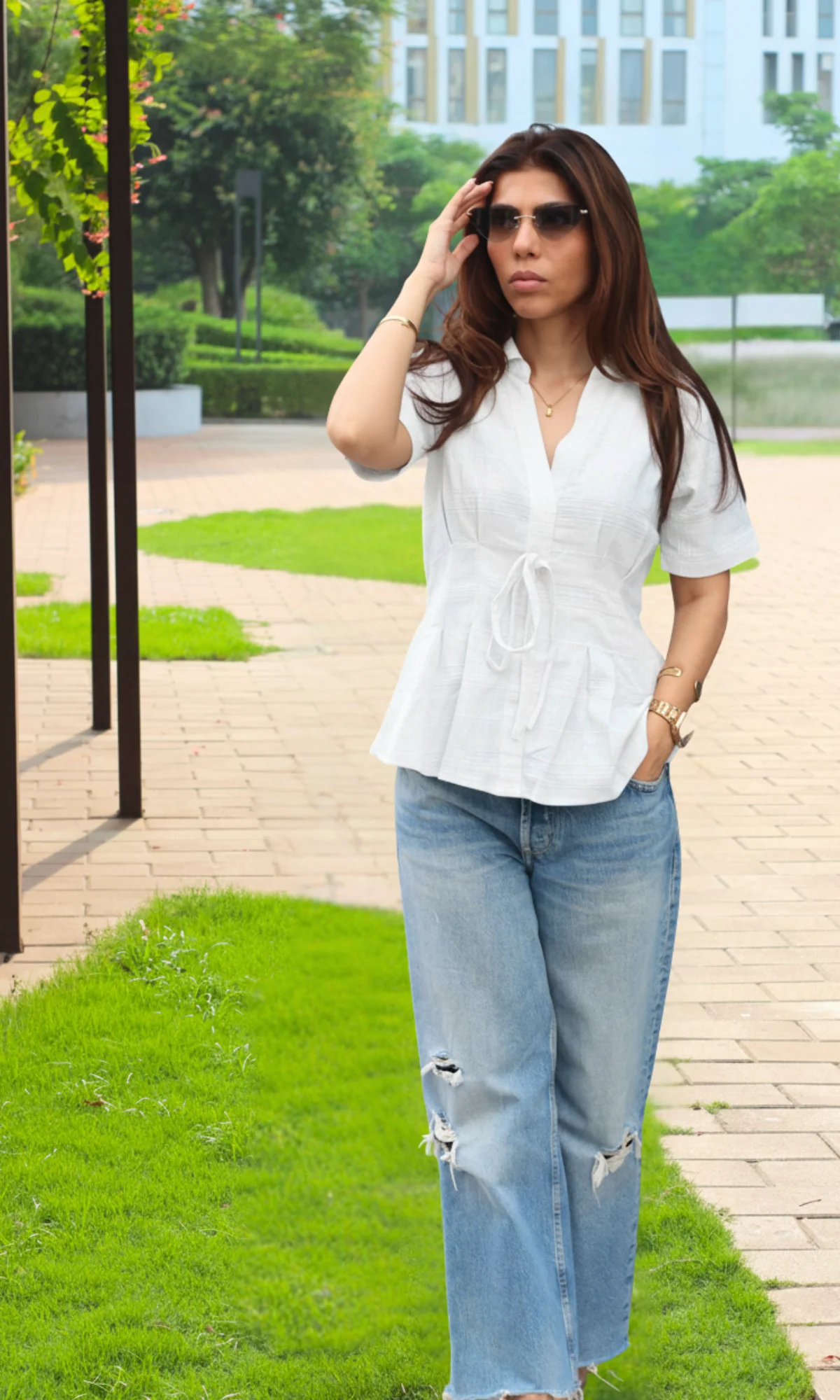 Ivory Structured Tie Detail Top - Image 2