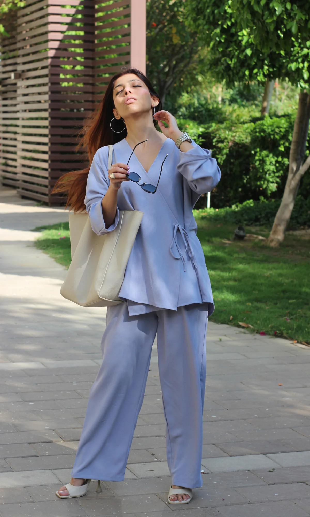 Lavender Blue Textured Tie Detail Kimono Top with Pants Co-ord - Image 3