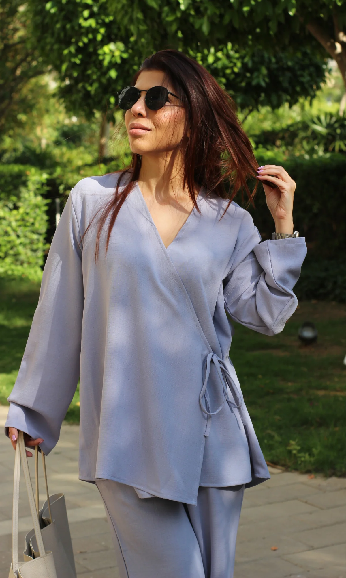 Lavender Blue Textured Tie Detail Kimono Top with Pants Co-ord - Image 4