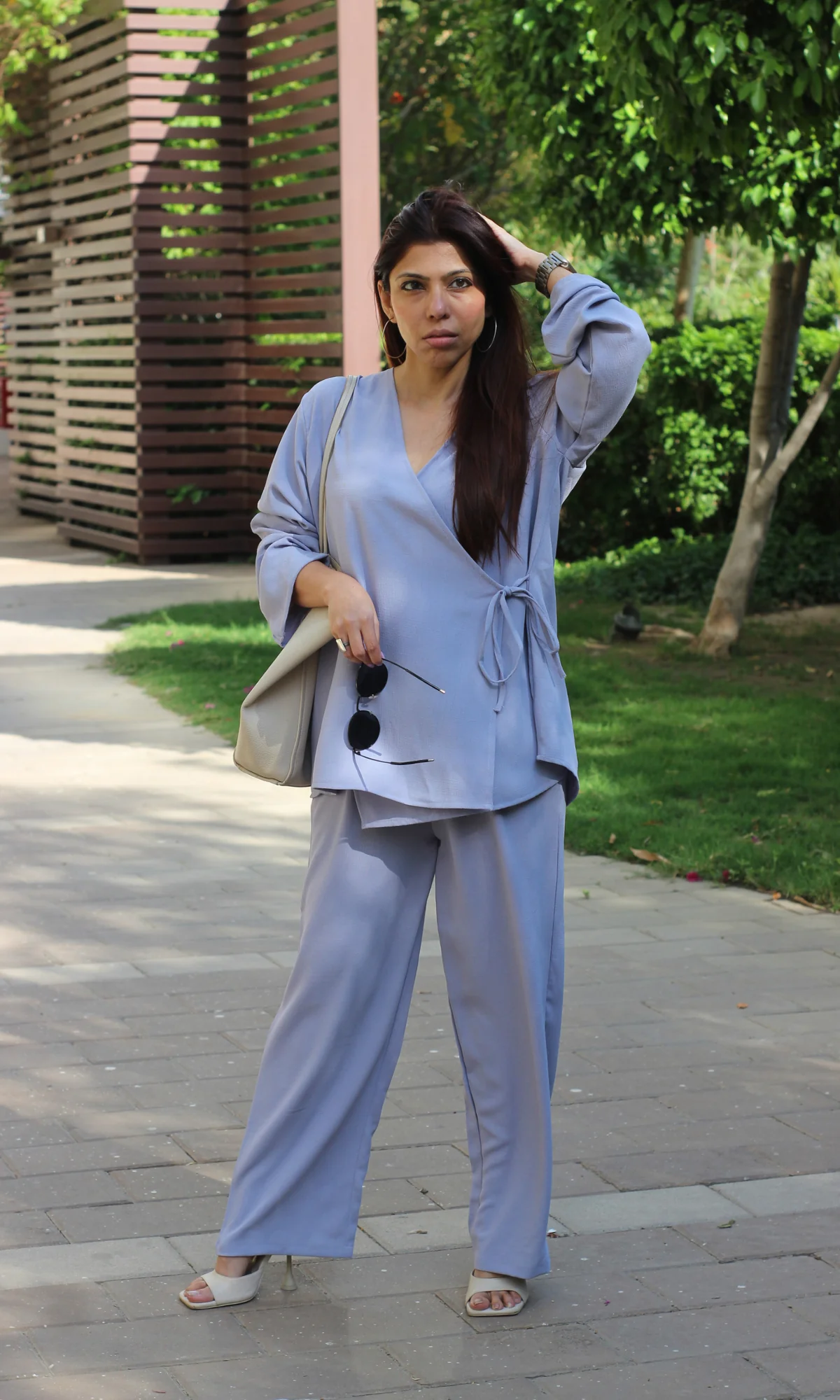 Lavender Blue Textured Tie Detail Kimono Top with Pants Co-ord - Image 5