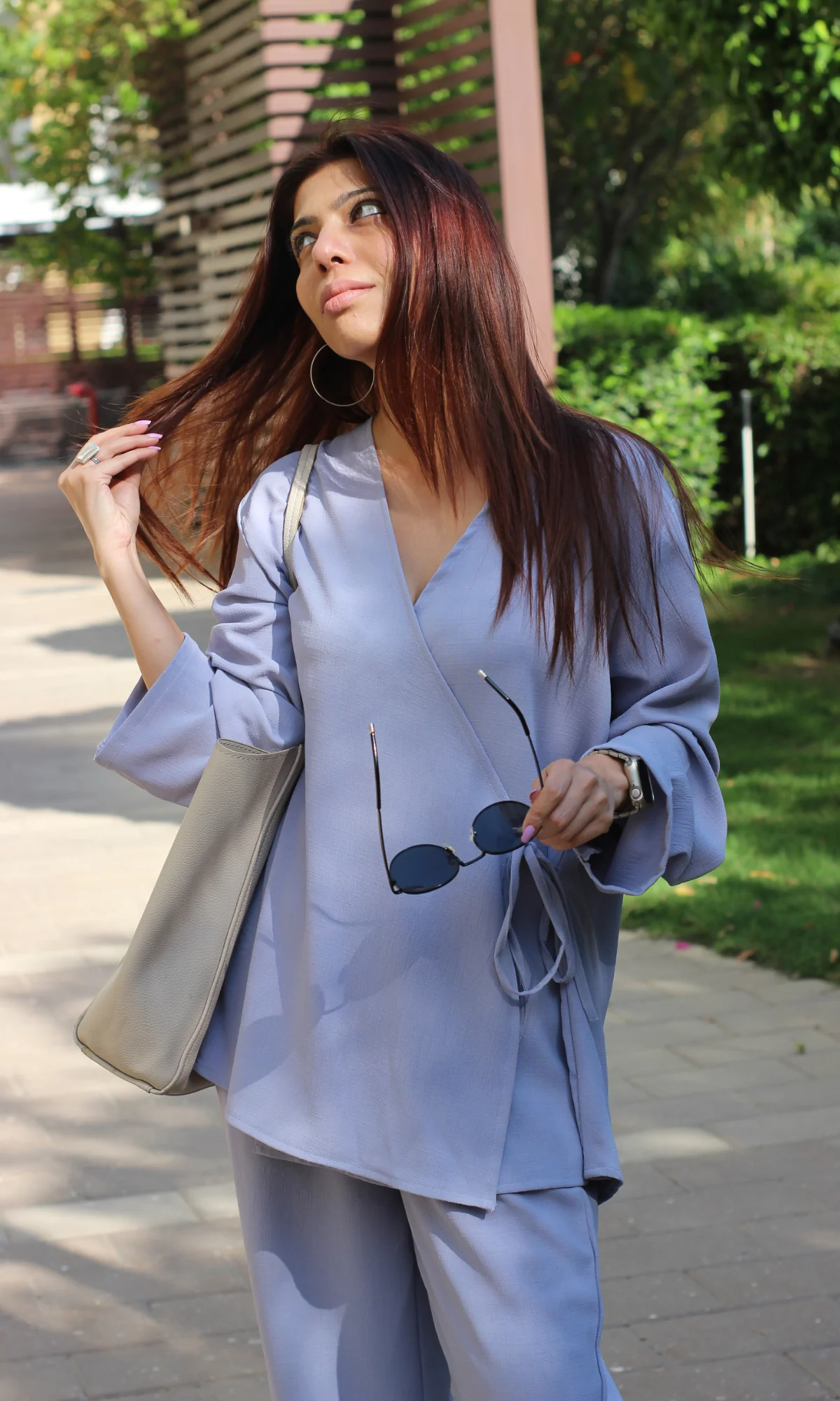 Lavender Blue Textured Tie Detail Kimono Top with Pants Co-ord - Image 6