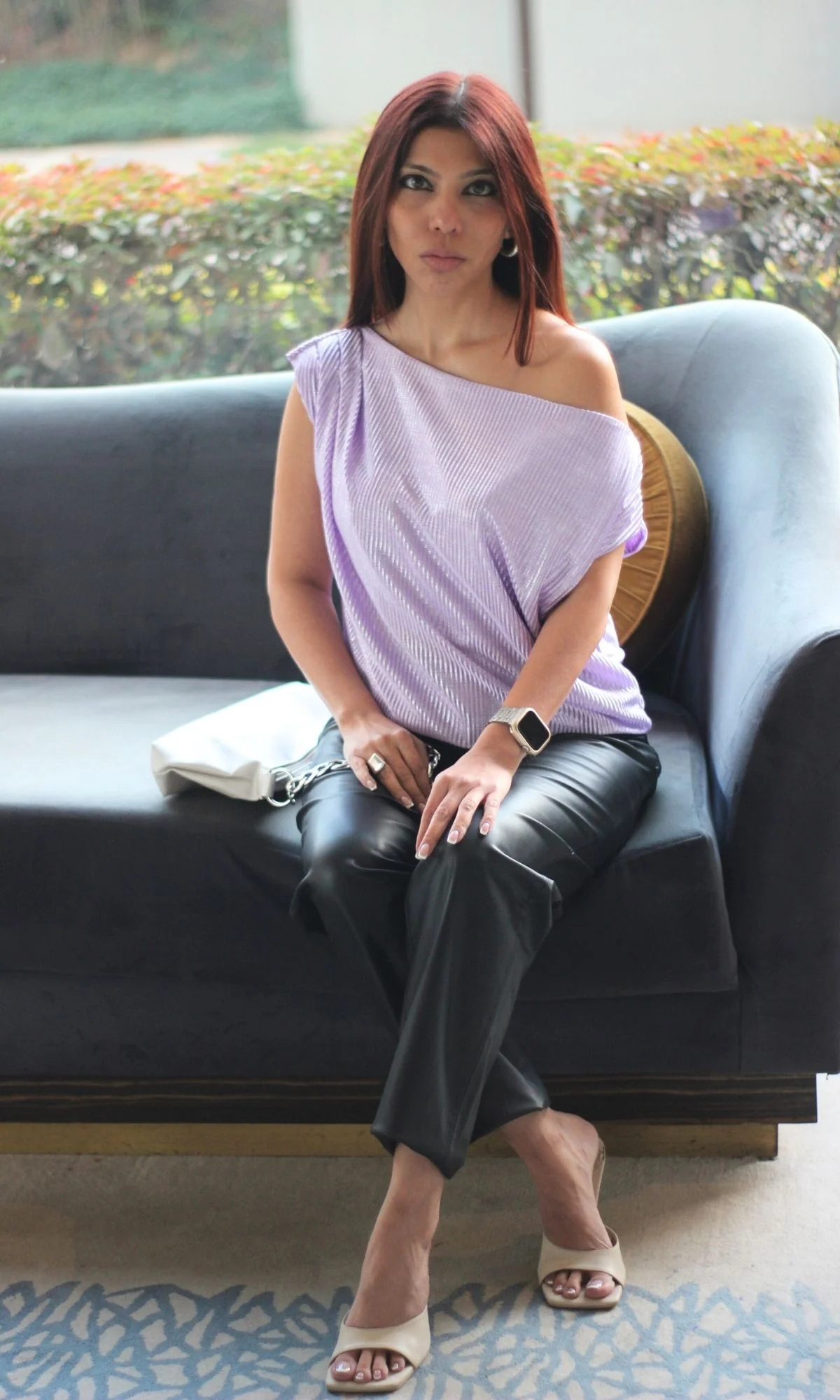 Lavender Shimmer Pleated One-Shoulder Top - Image 3