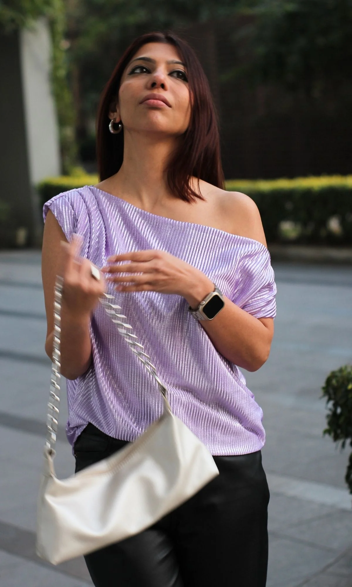Lavender Shimmer Pleated One-Shoulder Top - Image 7