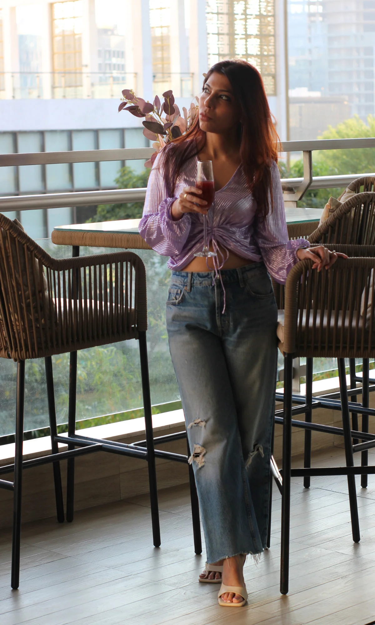 Lavender Shimmer Ruched Tie-Front Top - Image 3