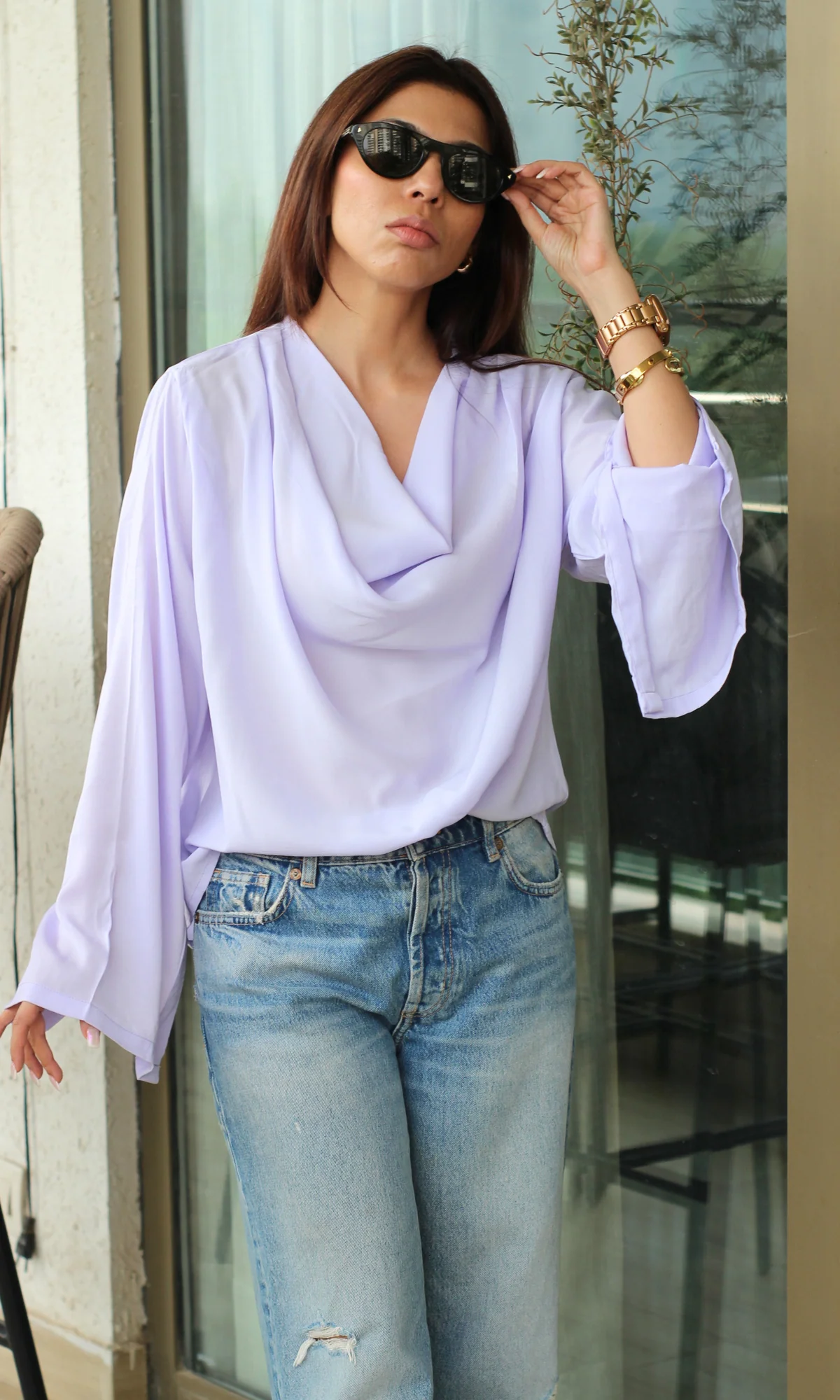 Lavender Slit Sleeves Cowl Neck Top - Image 2