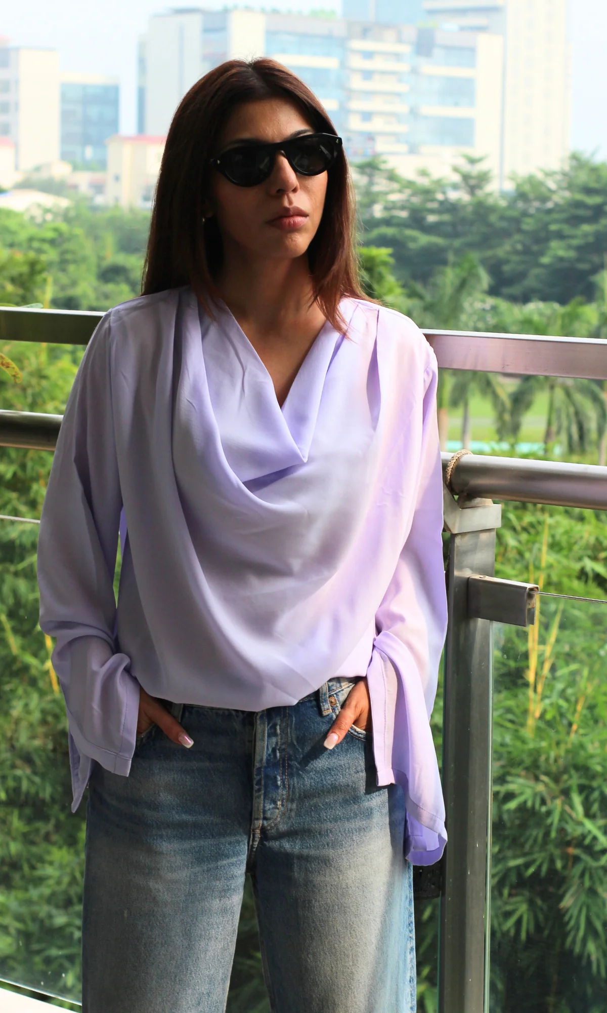 Lavender Slit Sleeves Cowl Neck Top - Image 3