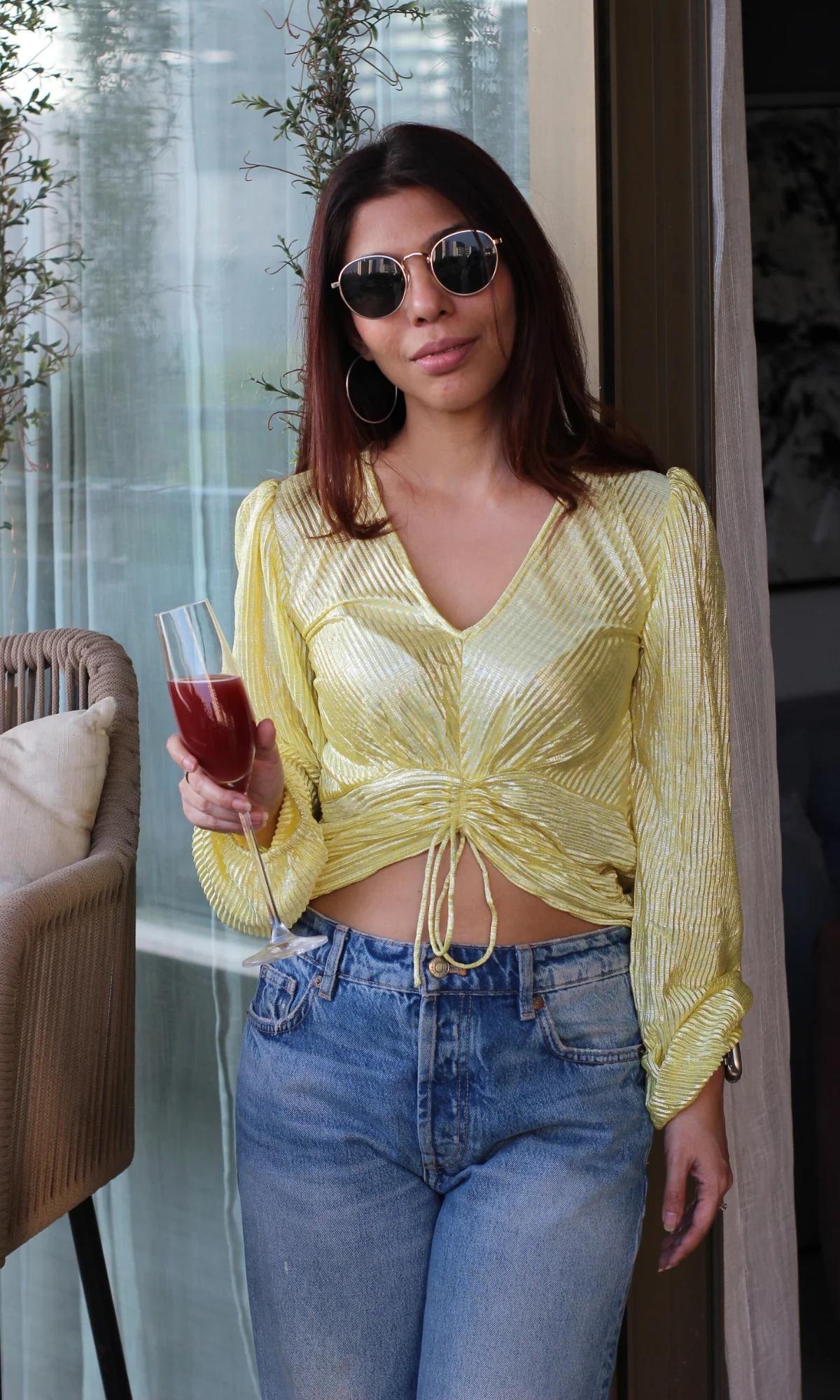 Lemon Shimmer Ruched Tie-Front Top