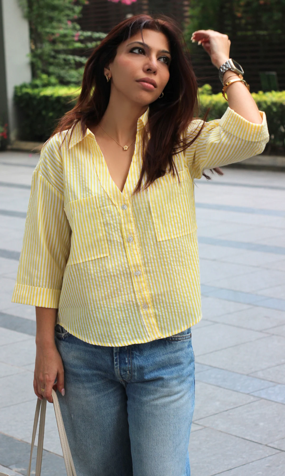 Lemon Striped Cotton Cropped Shirt - Image 2