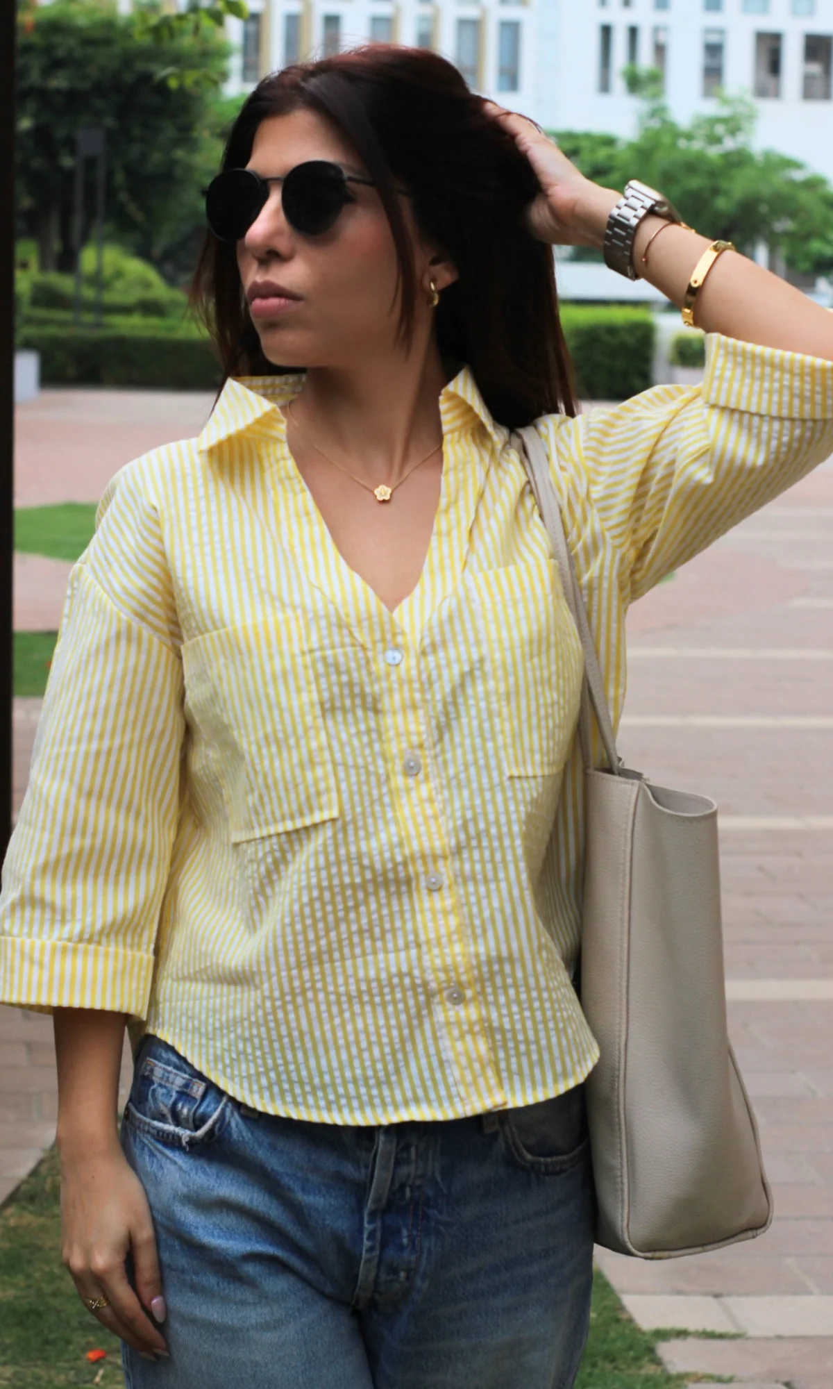 Lemon Striped Cotton Cropped Shirt - Image 3