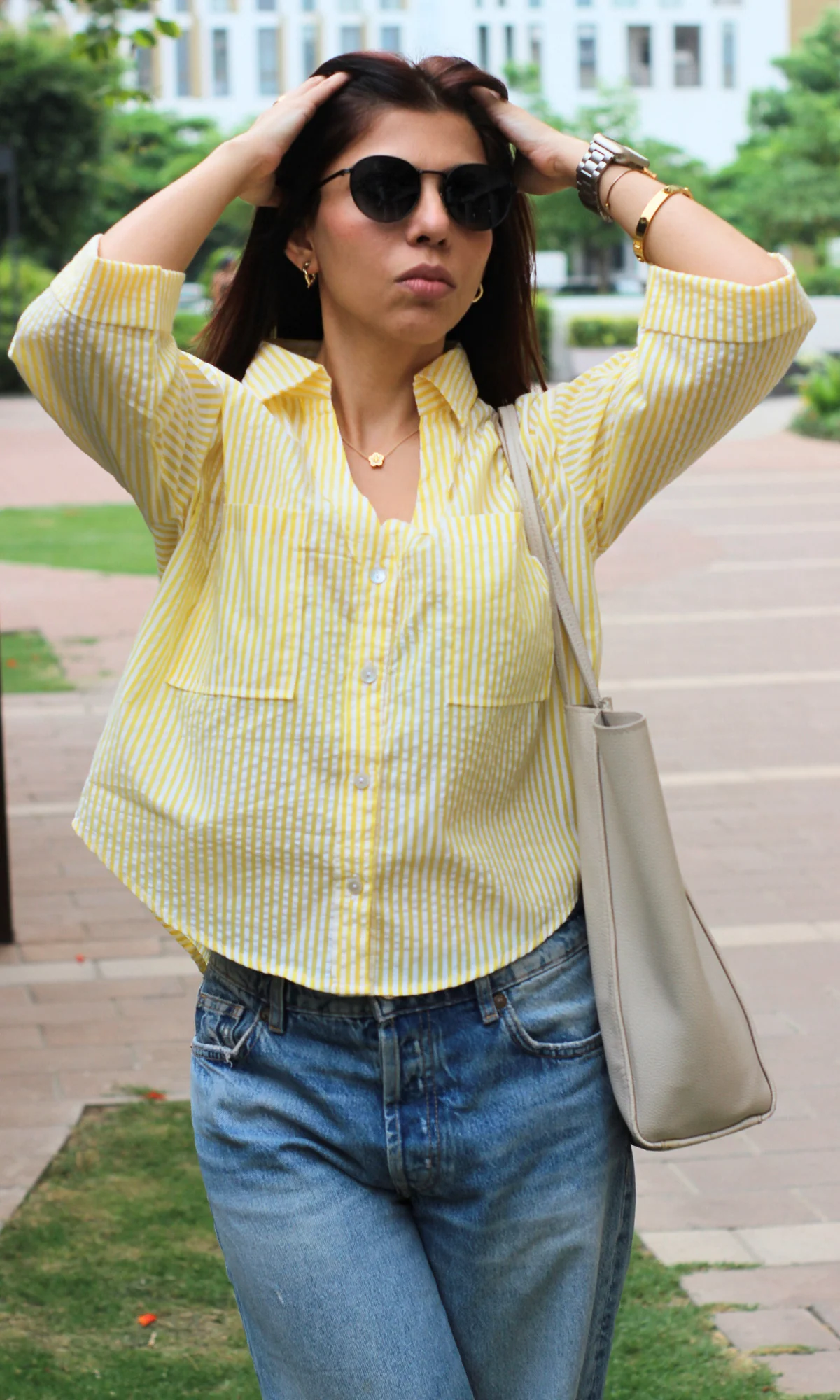 Lemon Striped Cotton Cropped Shirt - Image 4