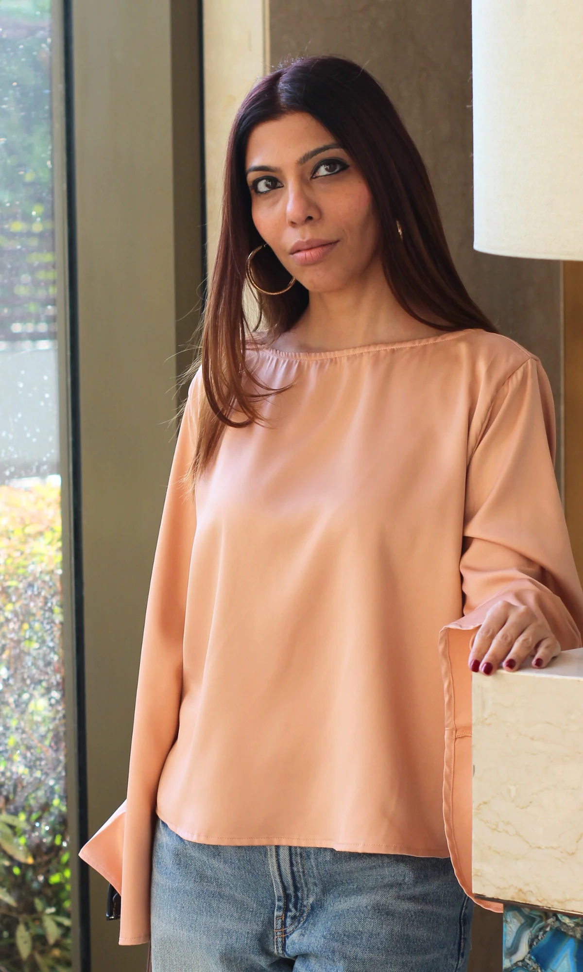 Light Apricot Flared Sleeve Satin Top - Image 3